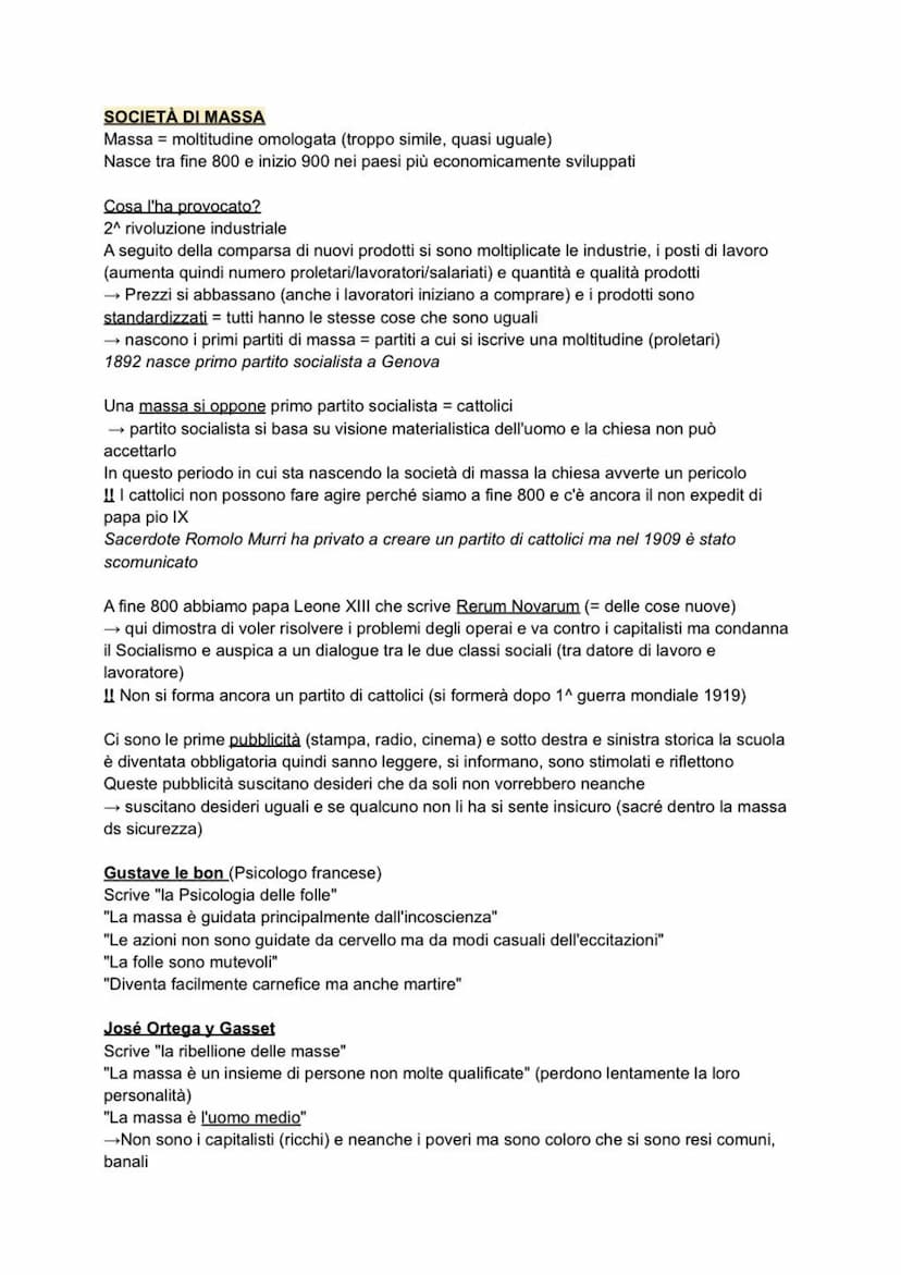 STORIA SOCIETÀ DI MASSA
Massa = moltitudine omologata (troppo simile, quasi uguale)
Nasce tra fine 800 e inizio 900 nei paesi più economicam