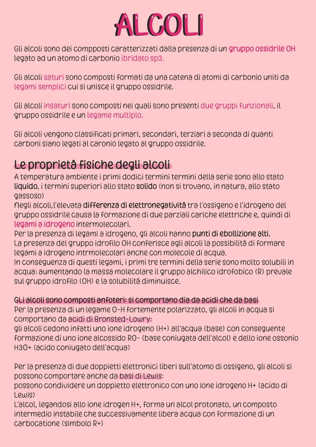 ALCOLI
Gli alcoli sono dei compposti caratterizzati dalla presenza di un gruppo ossidrile OH
legato ad un atomo di carbonio ibridato sp3.
Gl