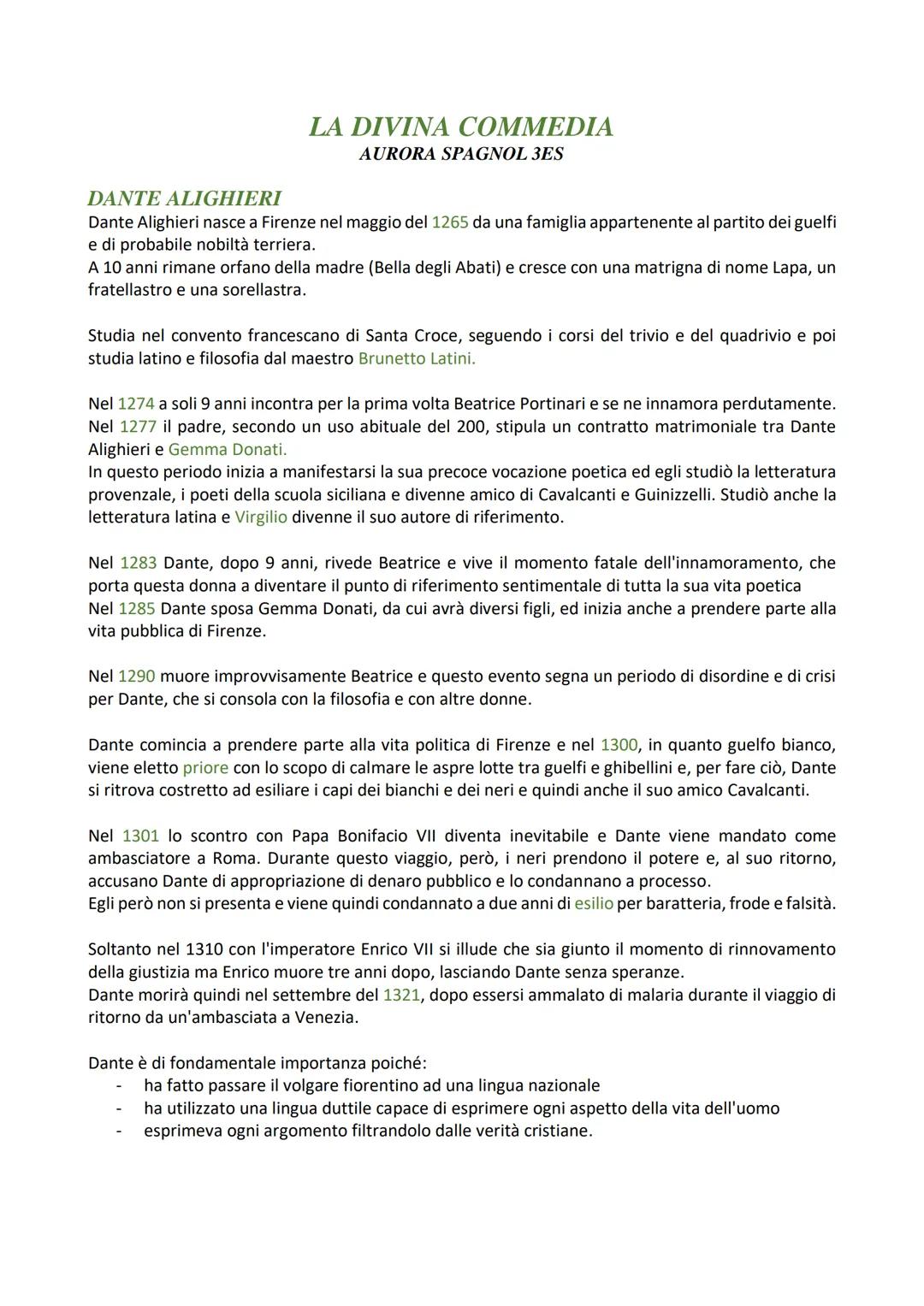 LA DIVINA COMMEDIA
AURORA SPAGNOL 3ES
DANTE ALIGHIERI
Dante Alighieri nasce a Firenze nel maggio del 1265 da una famiglia appartenente al pa