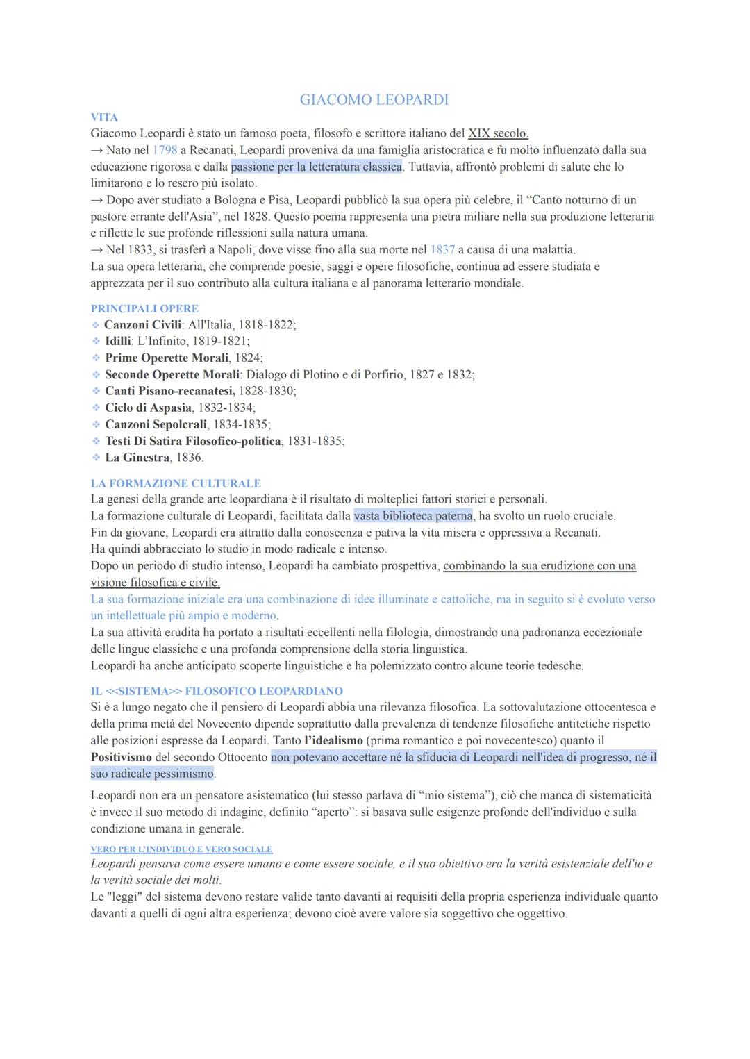 GIACOMO LEOPARDI: pensiero poetico+ testi