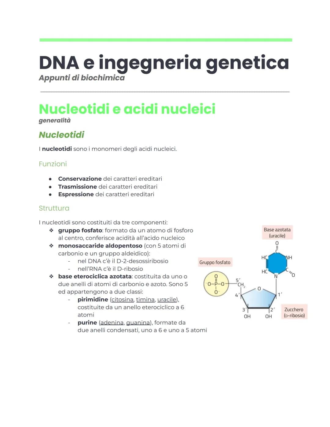 DNA e ingegneria genetica
Appunti di biochimica
Nucleotidi e acidi nucleici
generalità
Nucleotidi
I nucleotidi sono i monomeri degli acidi n