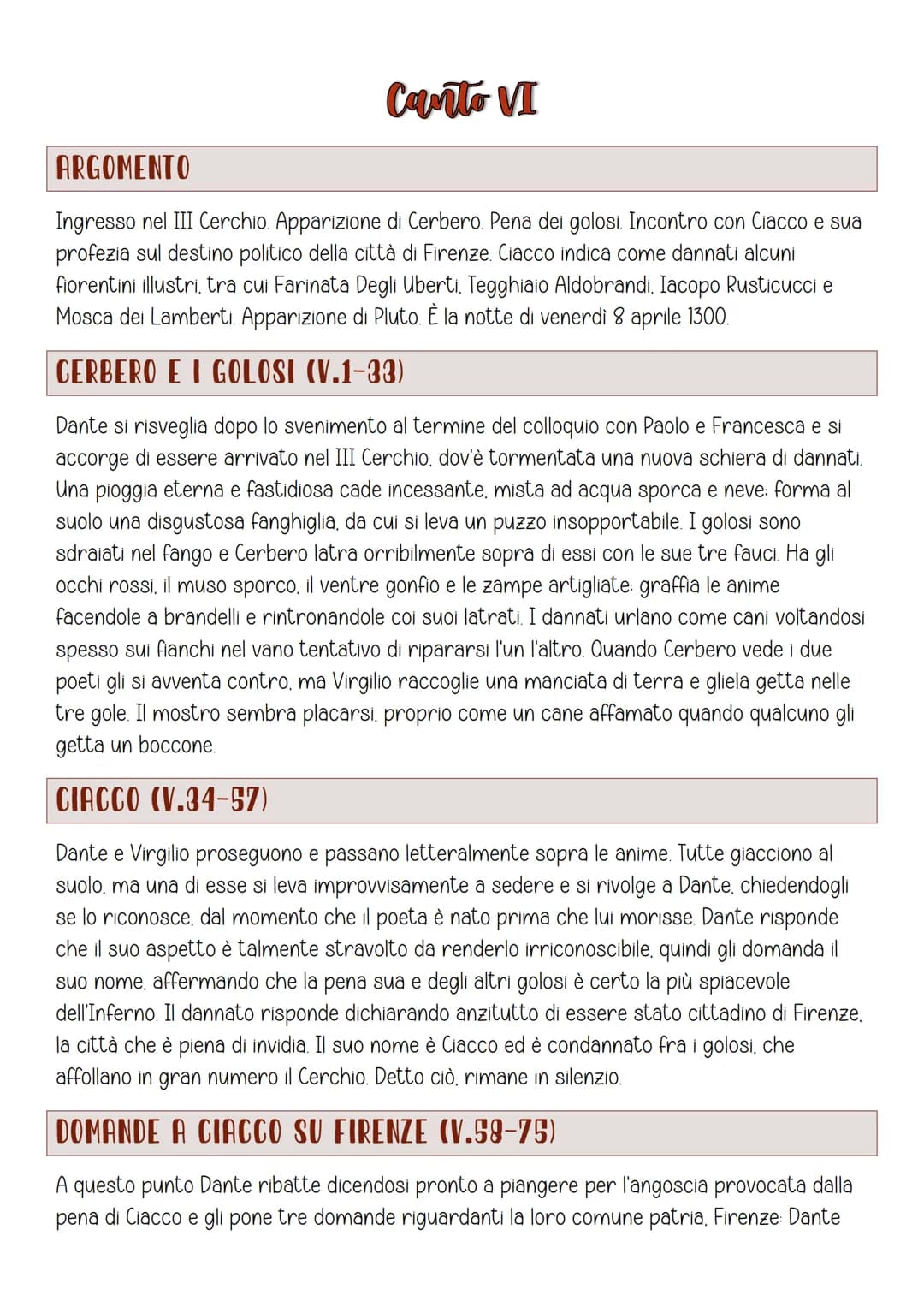 Canto VI
ARGOMENTO
Ingresso nel III Cerchio. Apparizione di Cerbero. Pena dei golosi. Incontro con Ciacco e sua
profezia sul destino politic