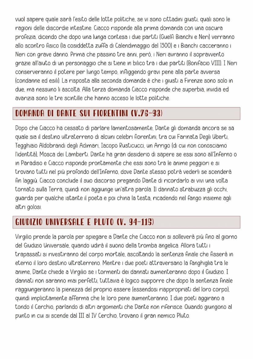 Canto VI
ARGOMENTO
Ingresso nel III Cerchio. Apparizione di Cerbero. Pena dei golosi. Incontro con Ciacco e sua
profezia sul destino politic