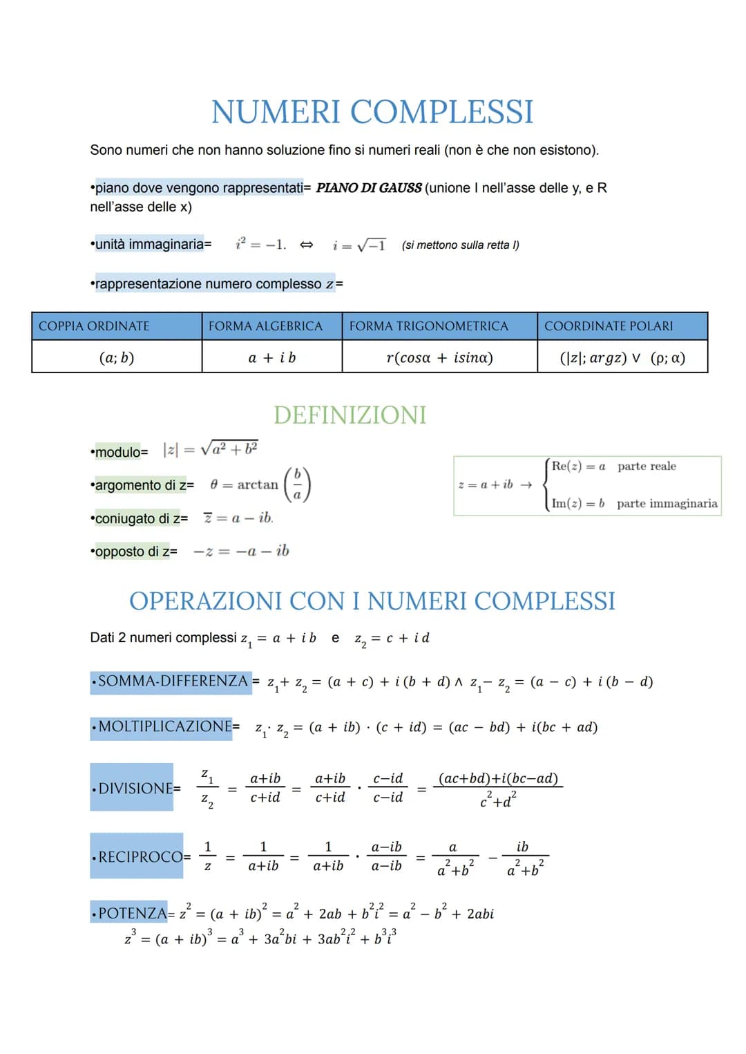 NUMERI COMPLESSI
Sono numeri che non hanno soluzione fino si numeri reali (non è che non esistono).
piano dove vengono rappresentati= PIANO 