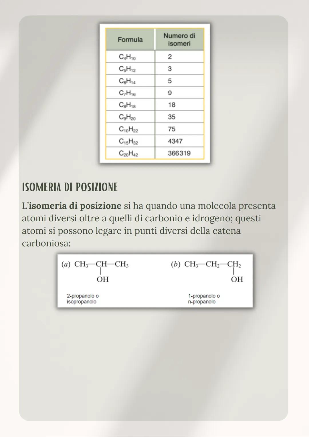 Isomeria
Si dicono isomeri i composti che hanno medesima formula
bruta, ma che differiscono per altre caratteristiche della
molecola.
Isomer