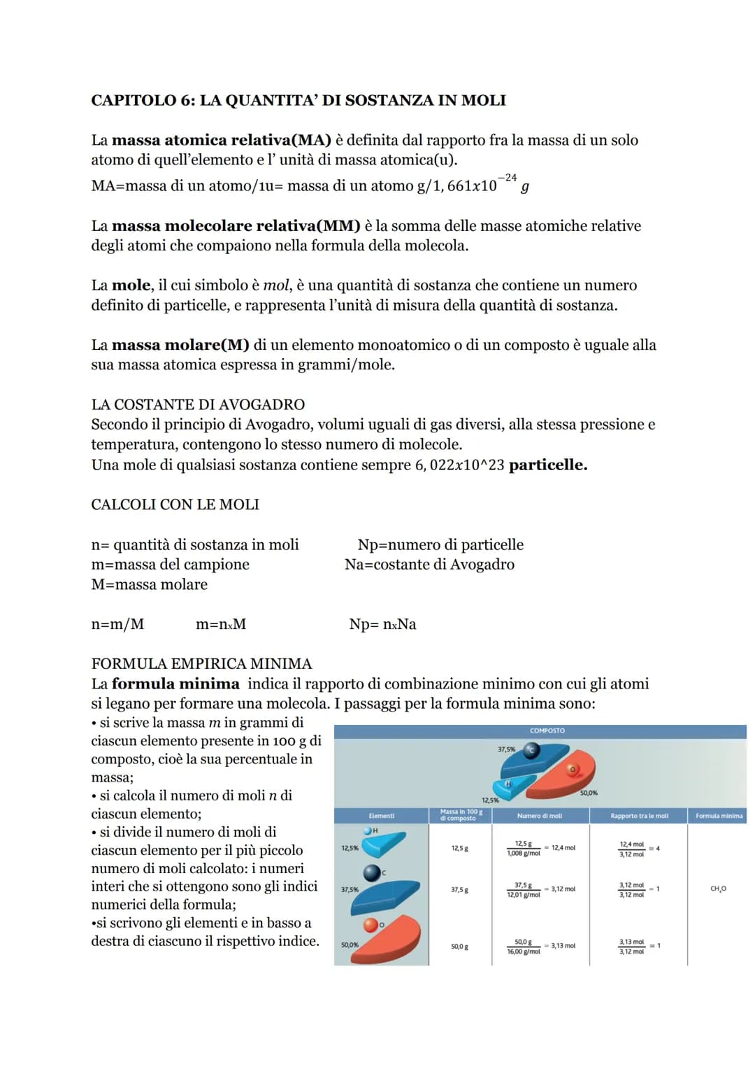CAPITOLO 6: LA QUANTITA' DI SOSTANZA IN MOLI
La massa atomica relativa(MA) è definita dal rapporto fra la massa di un solo
atomo di quell'el