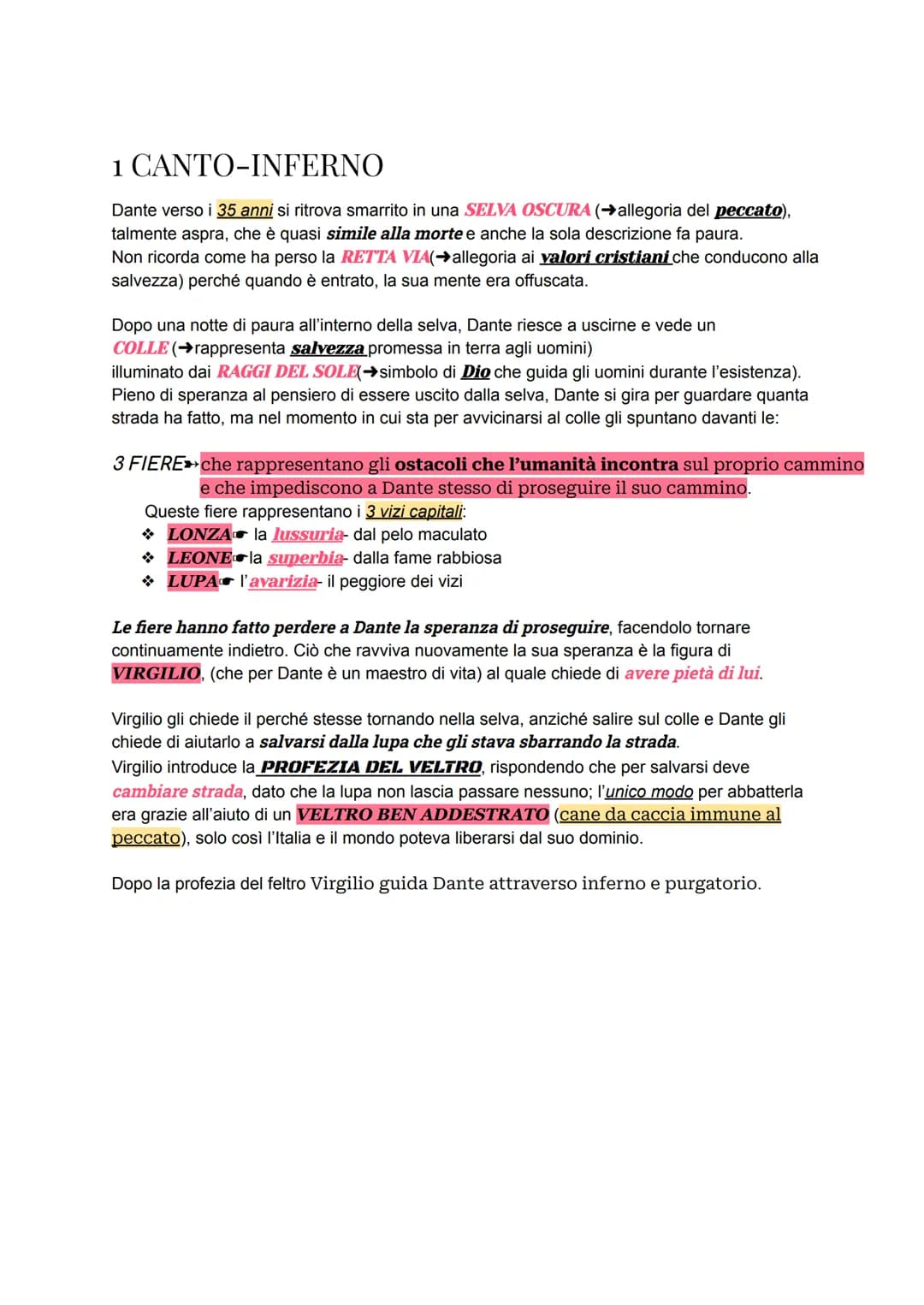 1 CANTO-INFERNO
Dante verso i 35 anni si ritrova smarrito in una SELVA OSCURA (→allegoria del peccato),
talmente aspra, che è quasi simile a