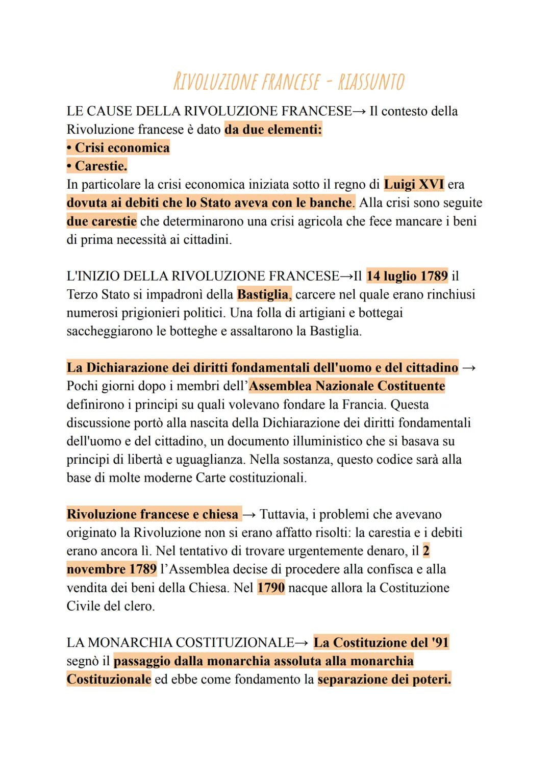 RIVOLUZIONE FRANCESE - RIASSUNTO
LE CAUSE DELLA RIVOLUZIONE FRANCESE→ Il contesto della
Rivoluzione francese è dato da due elementi:
• Crisi