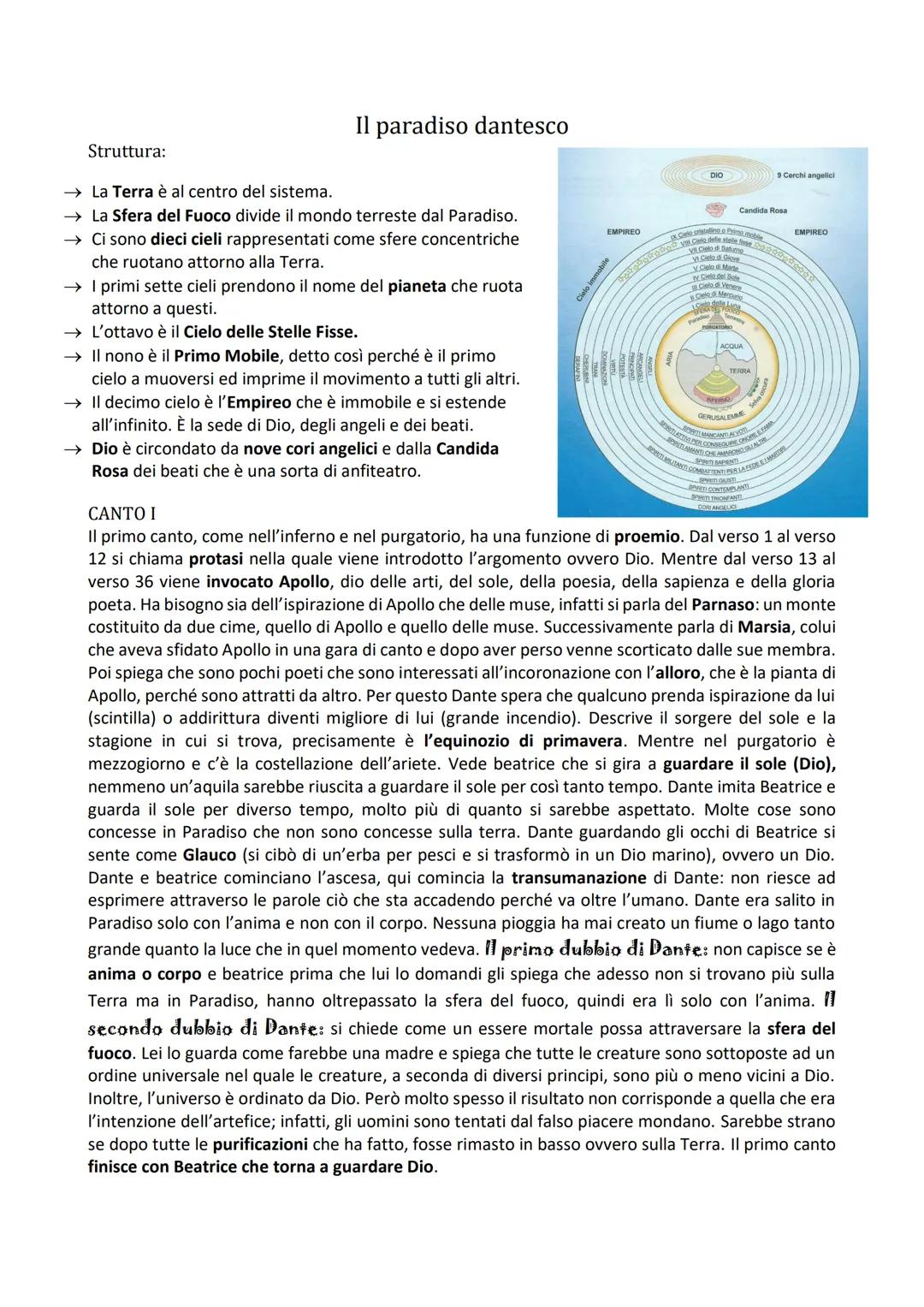 Struttura:
Il paradiso dantesco
→→ La Terra è al centro del sistema.
→ La Sfera del Fuoco divide il mondo terreste dal Paradiso.
→
Ci sono d