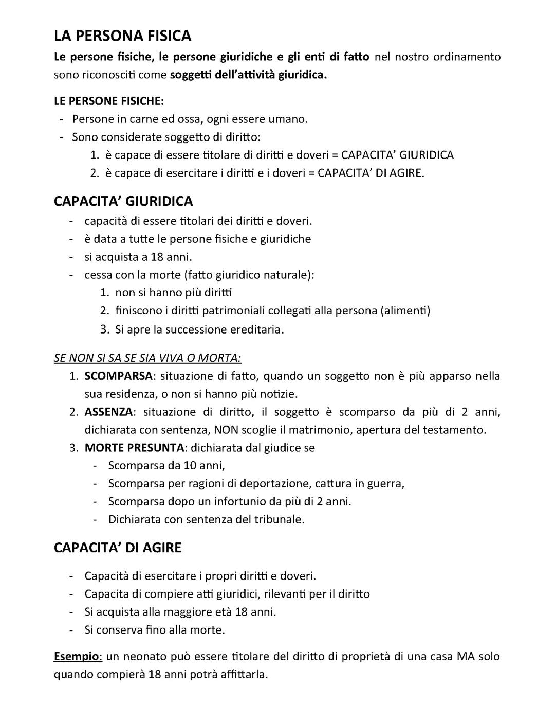 La persona fisica, capacità giuridica/d’agire