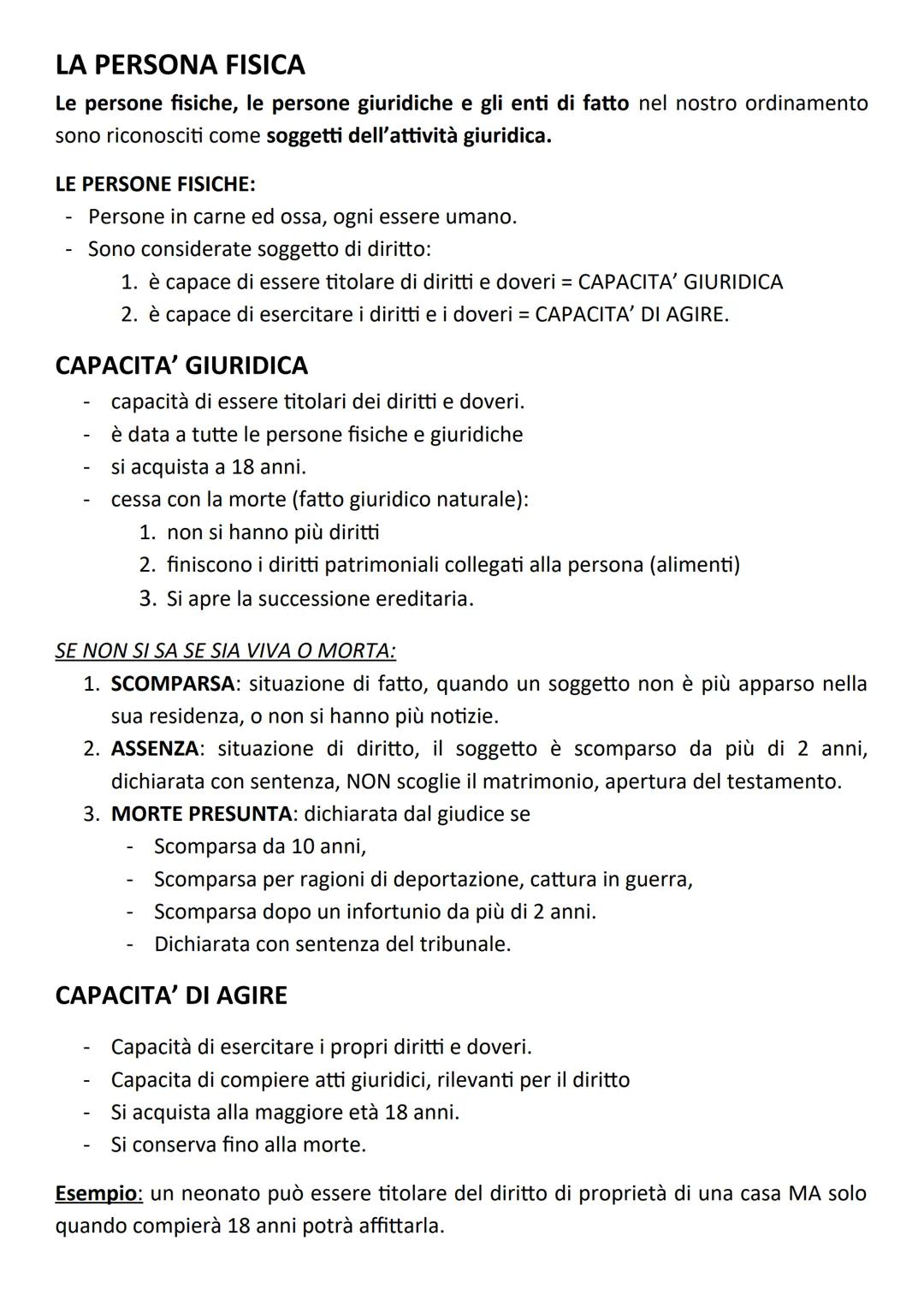 LA PERSONA FISICA
Le persone fisiche, le persone giuridiche e gli enti di fatto nel nostro ordinamento
sono riconosciti come soggetti dell'a