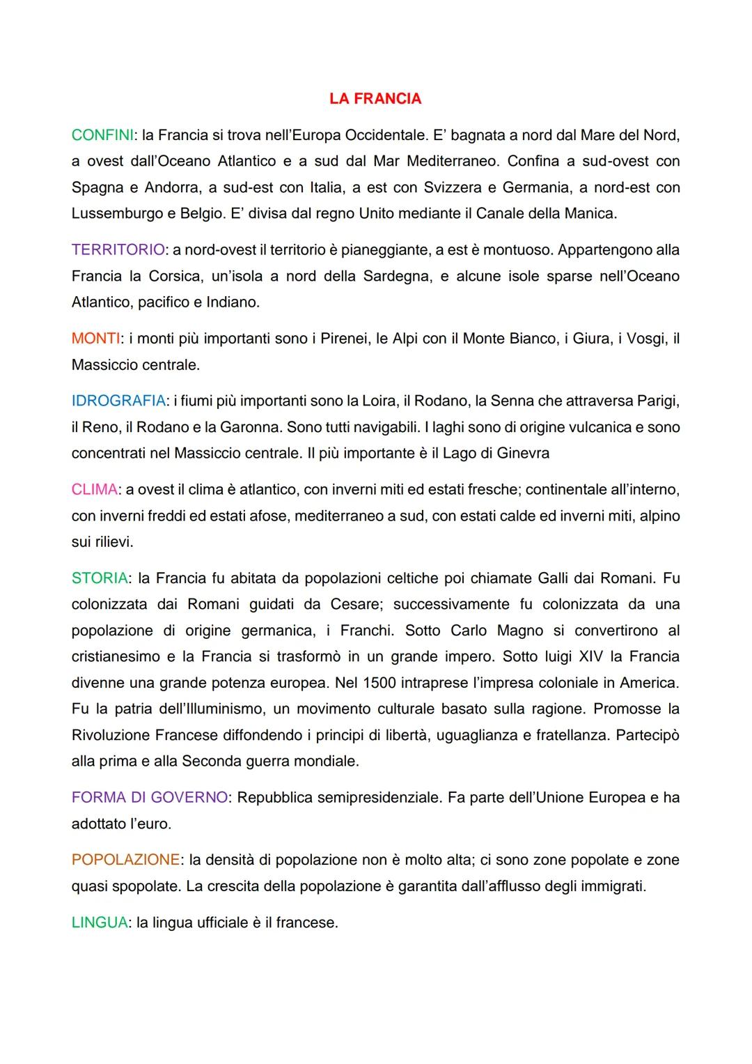 LA FRANCIA
CONFINI: la Francia si trova nell'Europa Occidentale. E' bagnata a nord dal Mare del Nord,
a ovest dall'Oceano Atlantico e a sud 
