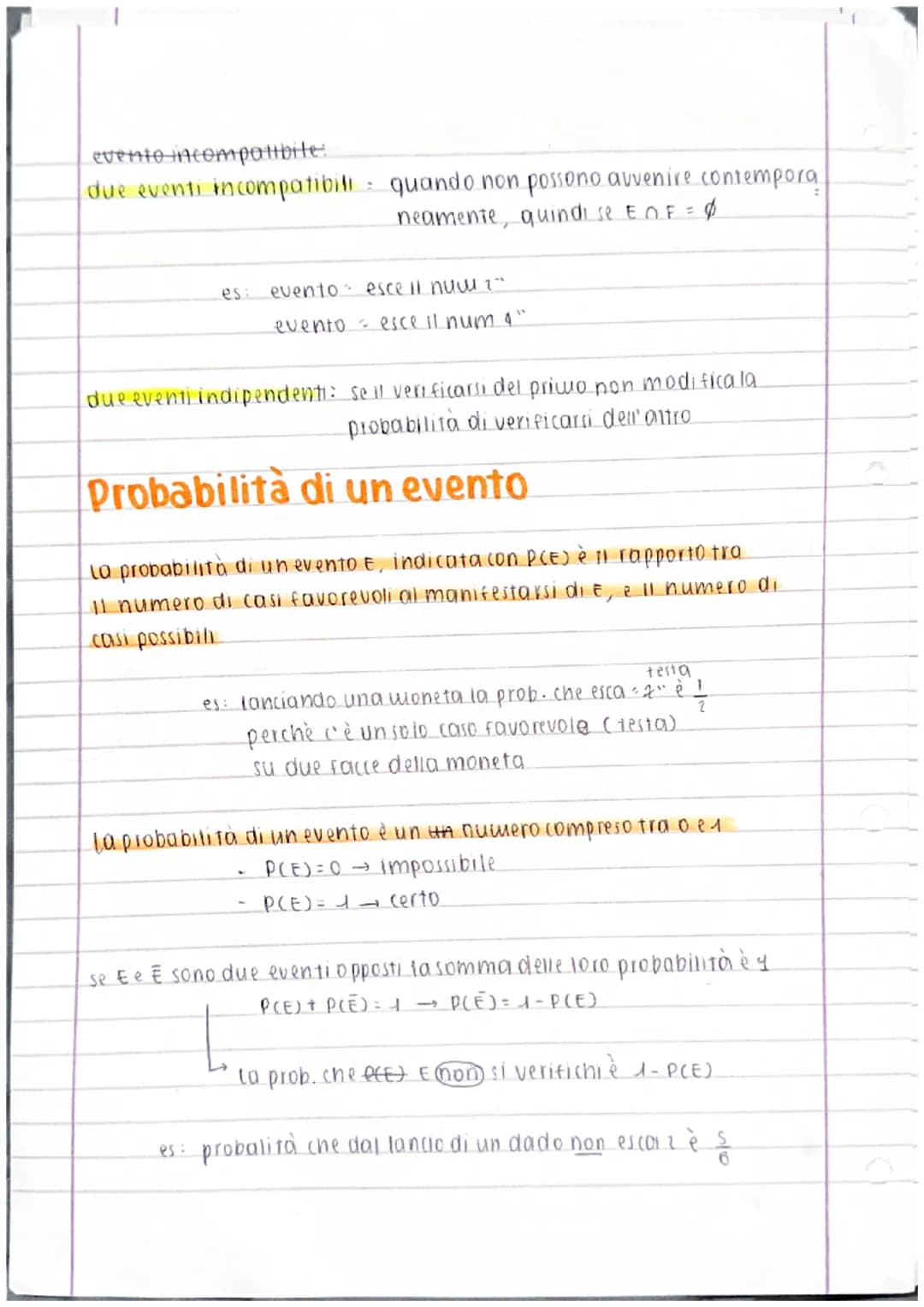 45/4/23
• PROBABILITÀ
evento
= qualsiasi insiewe formato da tutti, nessuno o alcuni del possibili esiti
di un esperimento casuale (quindi un