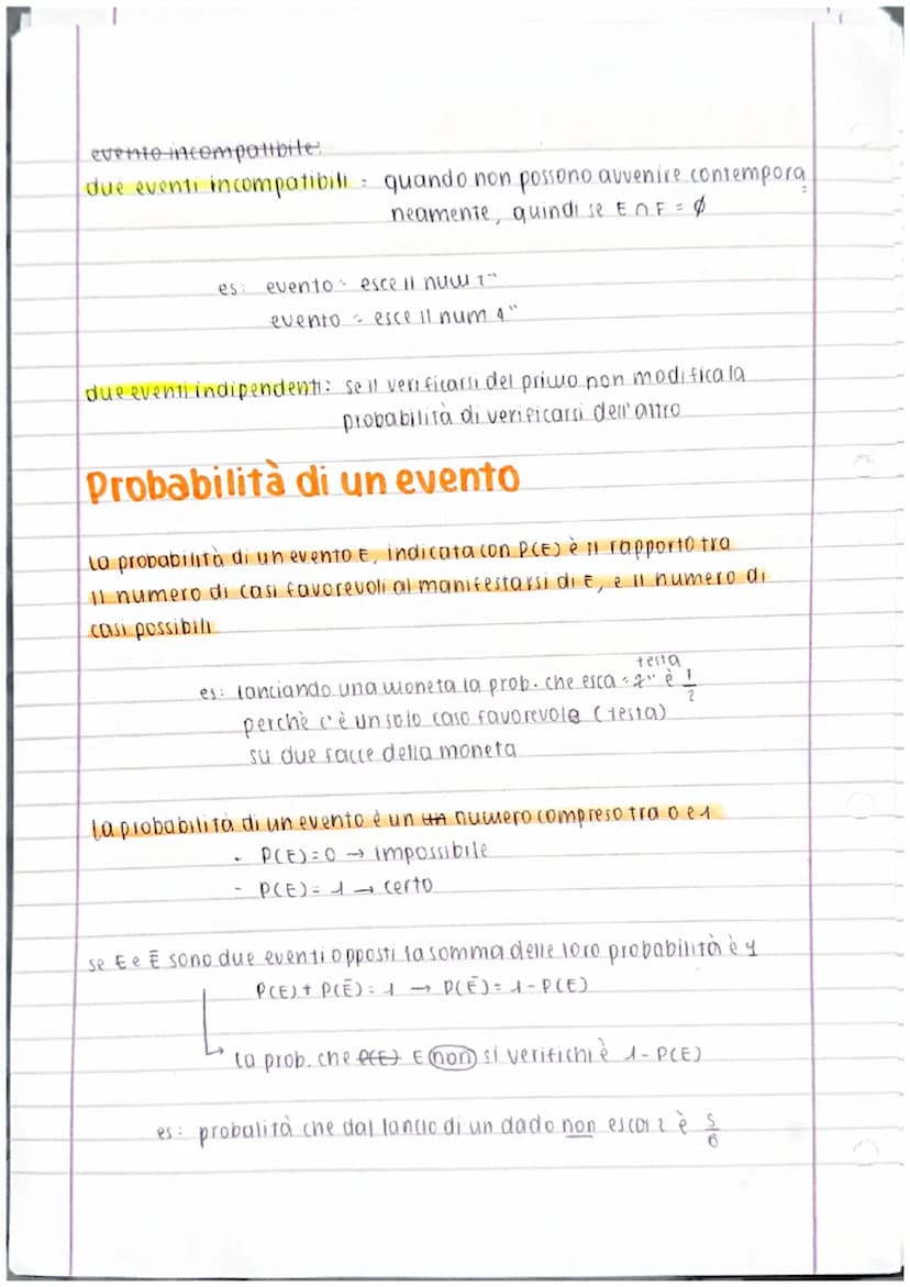 45/4/23
• PROBABILITÀ
evento
= qualsiasi insiewe formato da tutti, nessuno o alcuni del possibili esiti
di un esperimento casuale (quindi un