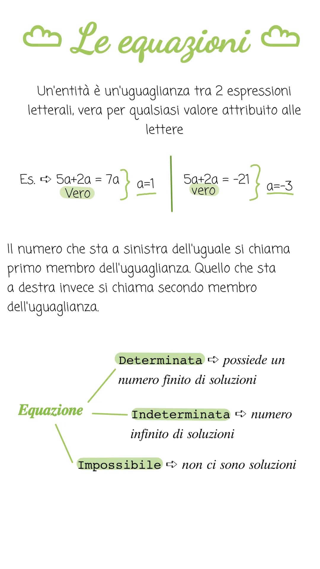 Le equazioni
Un'entità è un'uguaglianza tra 2 espressioni
letterali, vera per qualsiasi valore attribuito alle
lettere
Es. 5a+2a = 7a
Vero
a