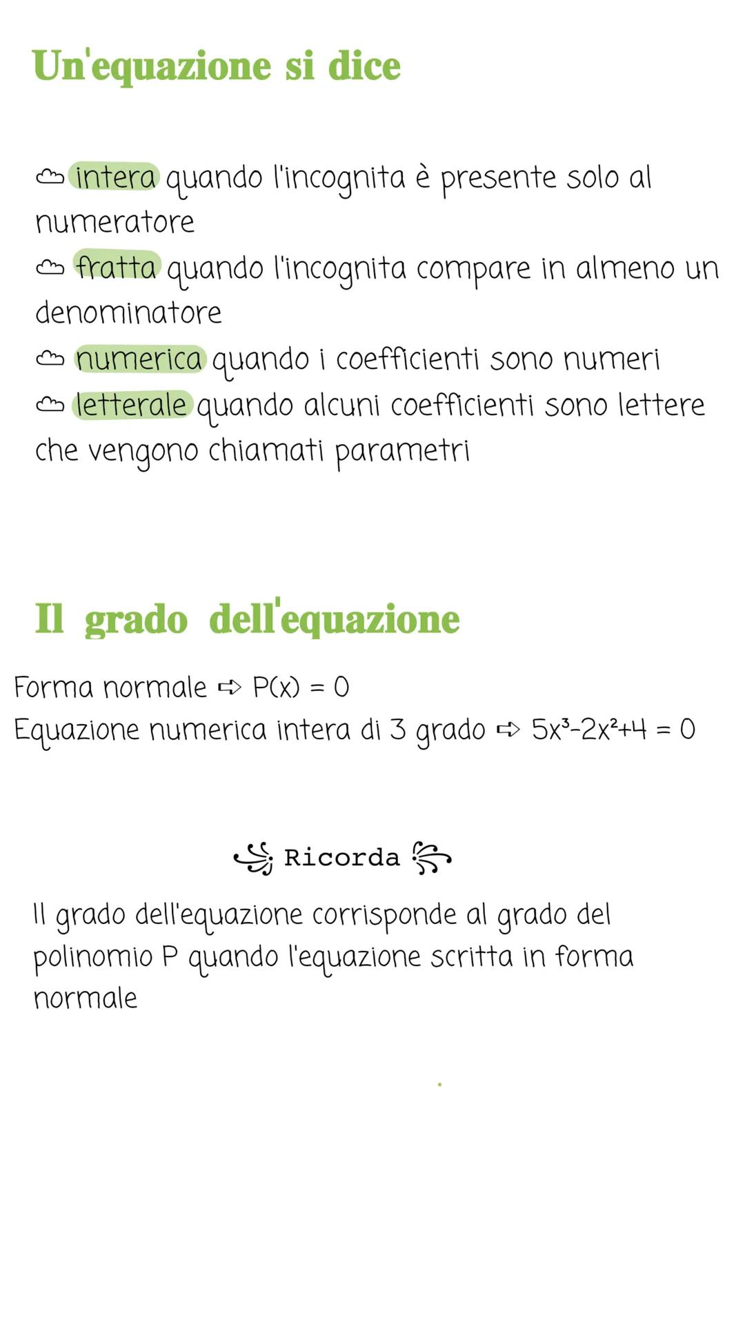 Le equazioni
Un'entità è un'uguaglianza tra 2 espressioni
letterali, vera per qualsiasi valore attribuito alle
lettere
Es. 5a+2a = 7a
Vero
a