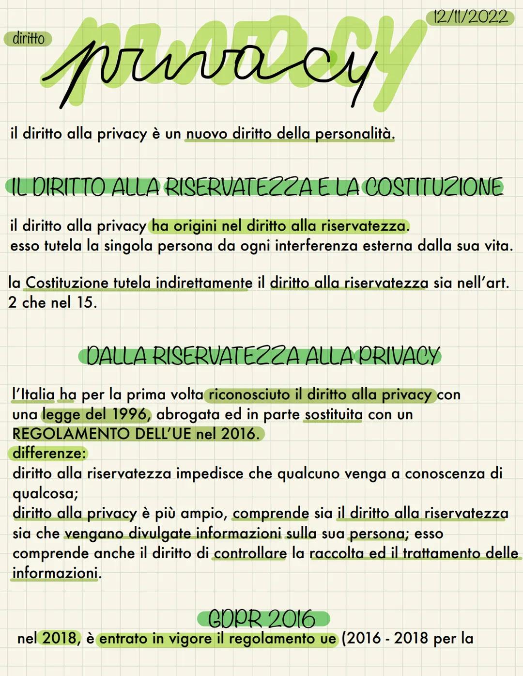 diritto
privacy
il diritto alla privacy è un nuovo diritto della personalità.
12/11/2022
IL DIRITTO ALLA RISERVATEZZA E LA COSTITUZIONE
il d