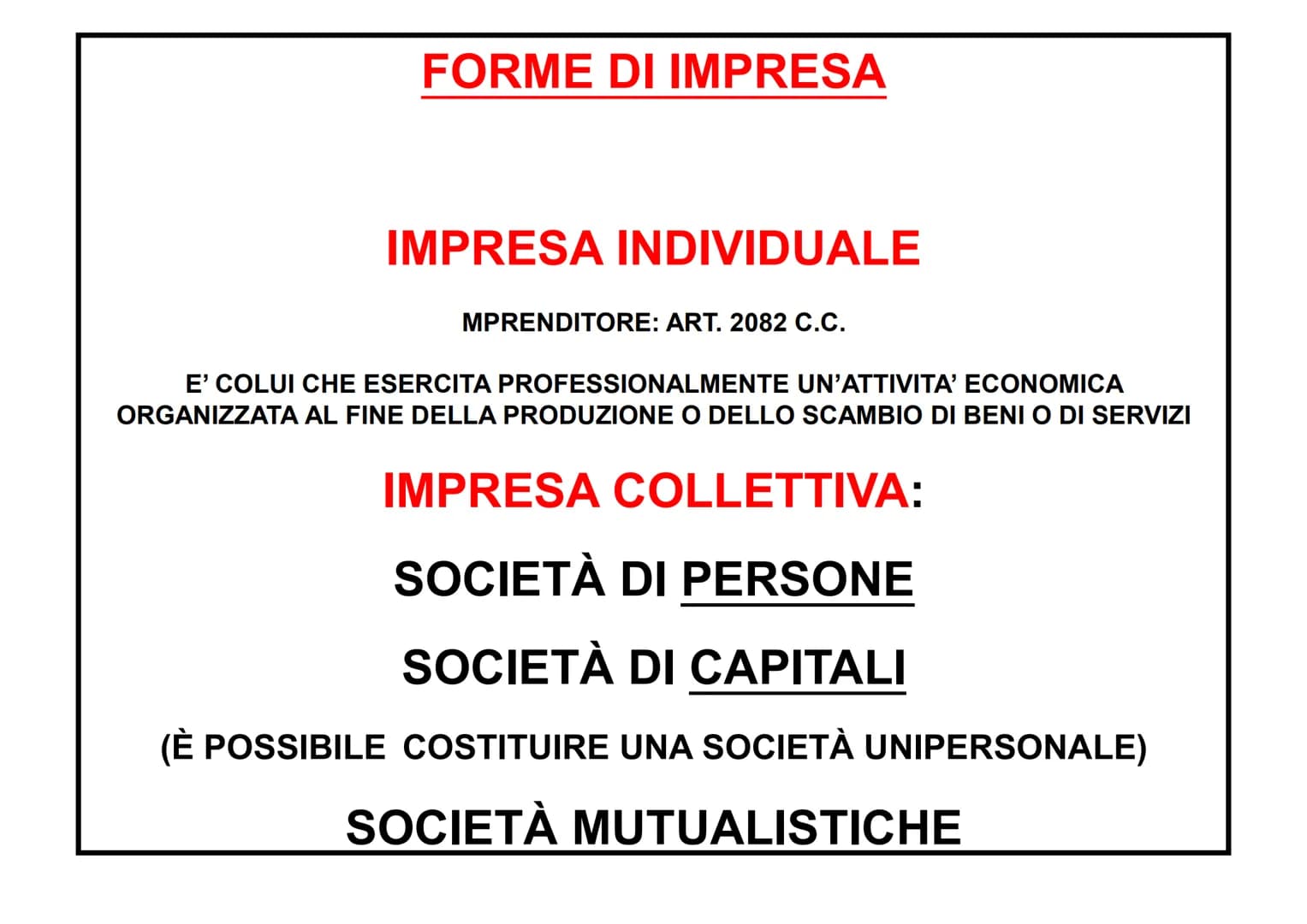 LA SOCIETA' FORME DI IMPRESA
IMPRESA INDIVIDUALE
MPRENDITORE: ART. 2082 C.C.
E' COLUI CHE ESERCITA PROFESSIONALMENTE UN'ATTIVITA' ECONOMICA
