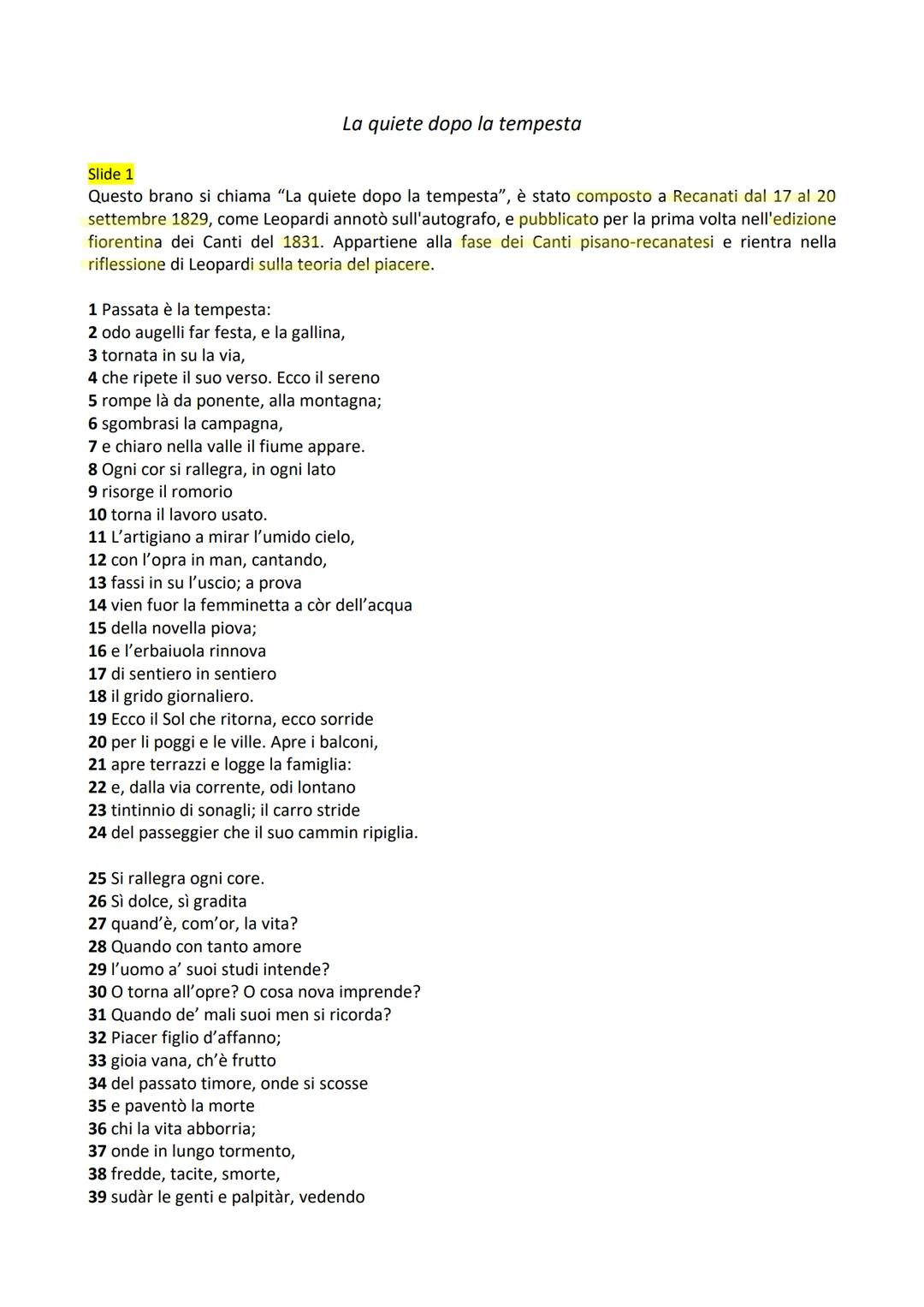 Slide 1
Questo brano si chiama "La quiete dopo la tempesta", è stato composto a Recanati dal 17 al 20
settembre 1829, come Leopardi annotò s