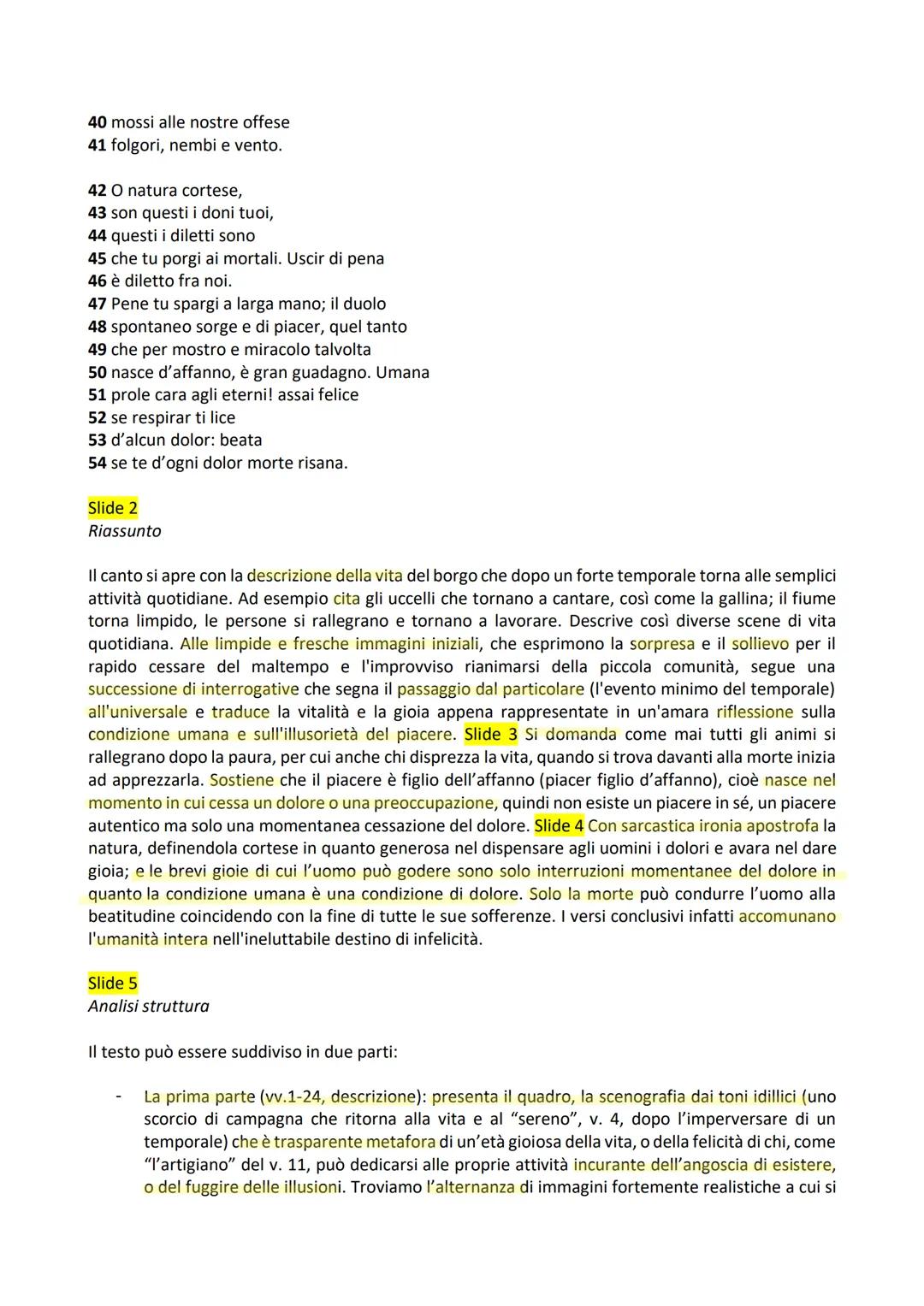 Slide 1
Questo brano si chiama "La quiete dopo la tempesta", è stato composto a Recanati dal 17 al 20
settembre 1829, come Leopardi annotò s