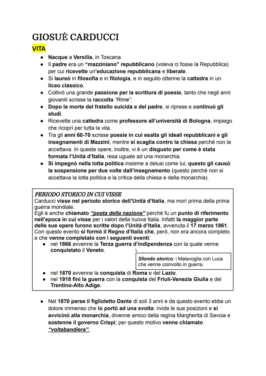 GIOSUÈ CARDUCCI
VITA
• Nacque a Versilia, in Toscana.
●
Il padre era un "mazziniano" repubblicano (voleva ci fosse la Repubblica)
per cui ri