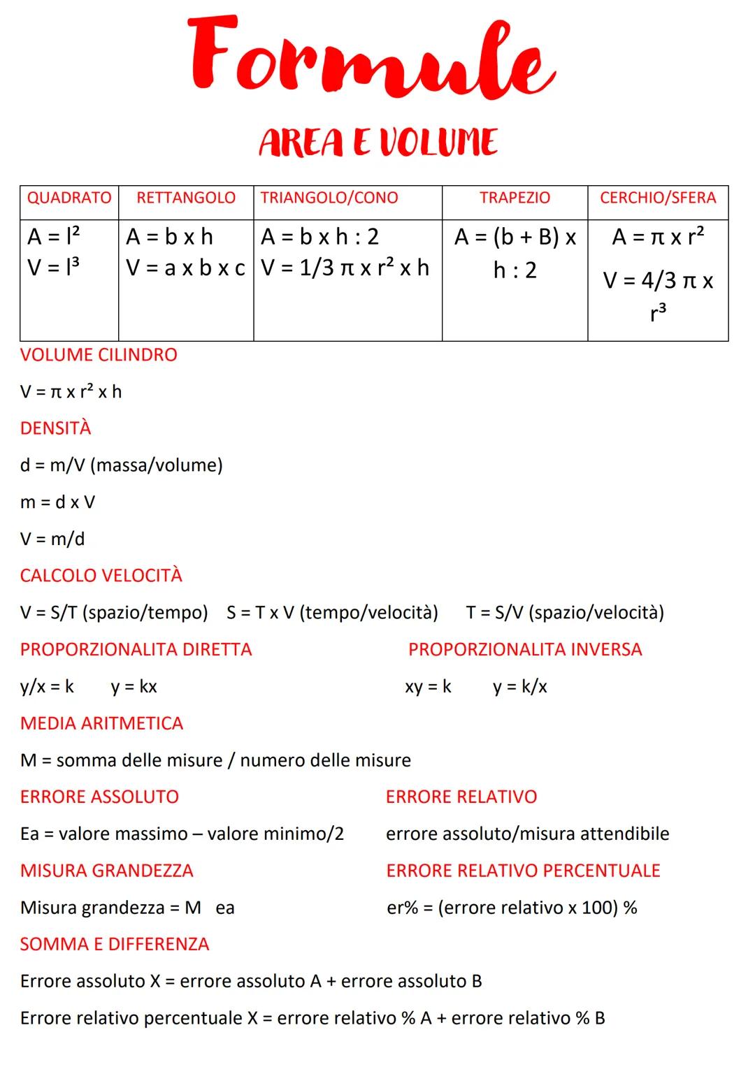 QUADRATO
A = 1²
V = 1³
Formule
AREA E VOLUME
TRIANGOLO/CONO
A=bxh
A=bxh:2
V = axbxc|V = 1/3 π xr² x h
RETTANGOLO
VOLUME CILINDRO
PROPORZIONA