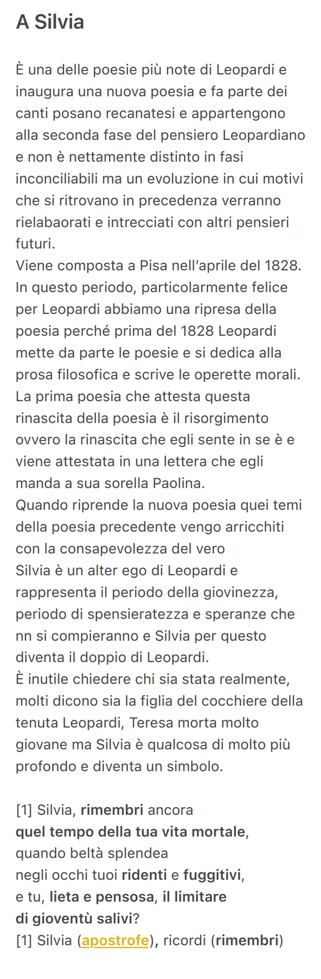 A Silvia
È una delle poesie più note di Leopardi e
inaugura una nuova poesia e fa parte dei
canti posano recanatesi e appartengono
alla seco