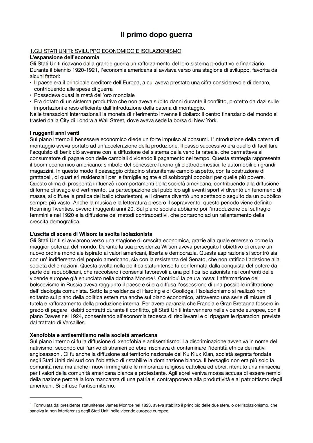 # Il primo dopo guerra

1.GLI STATI UNITI: SVILUPPO ECONOMICO E ISOLAZIONISMO
L'espansione dell'economia
Gli Stati Uniti ricavano dalla gran