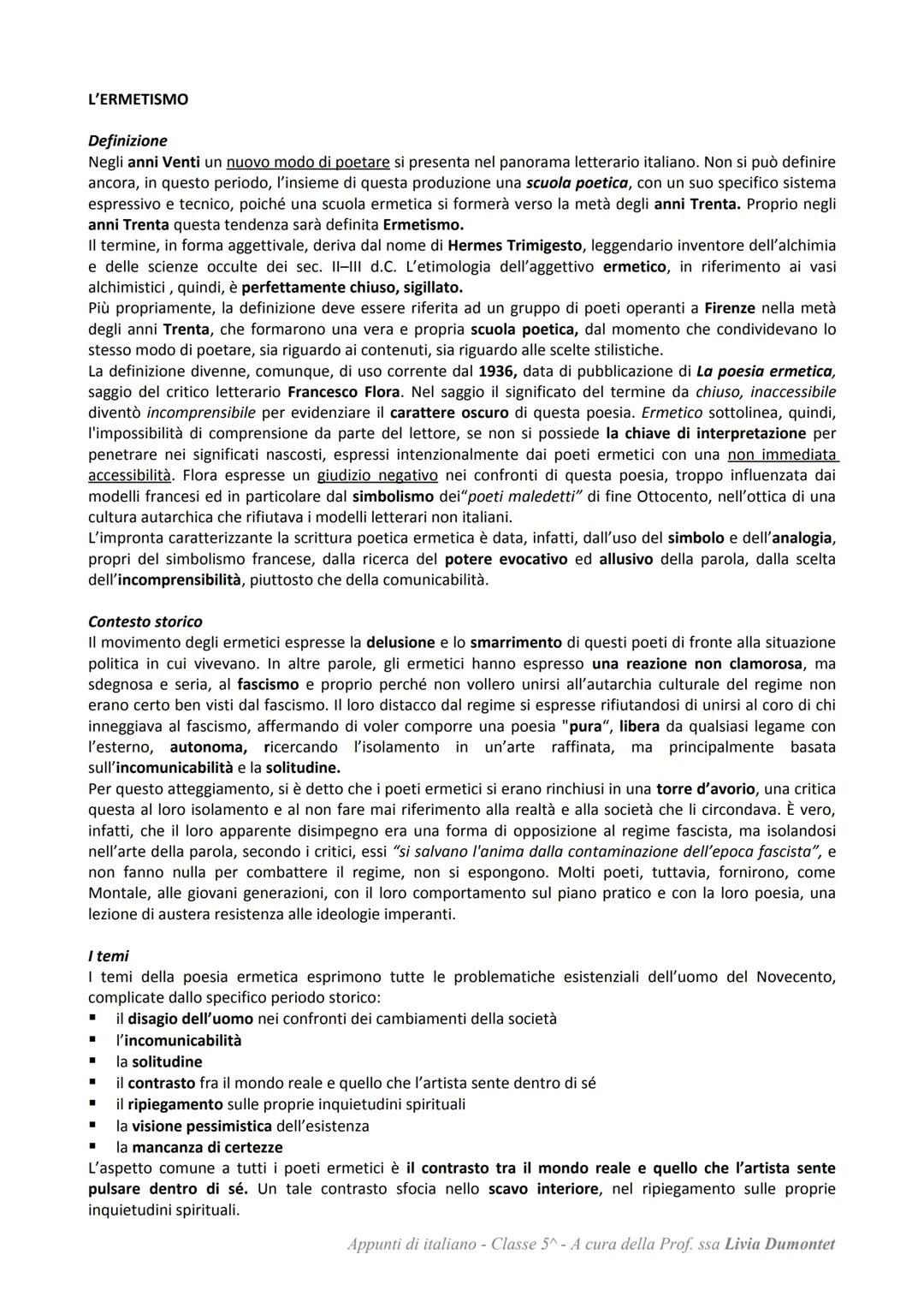 # L'ERMETISMO

Definizione
Negli anni Venti un nuovo modo di poetare si presenta nel panorama letterario italiano. Non si può definire
ancor