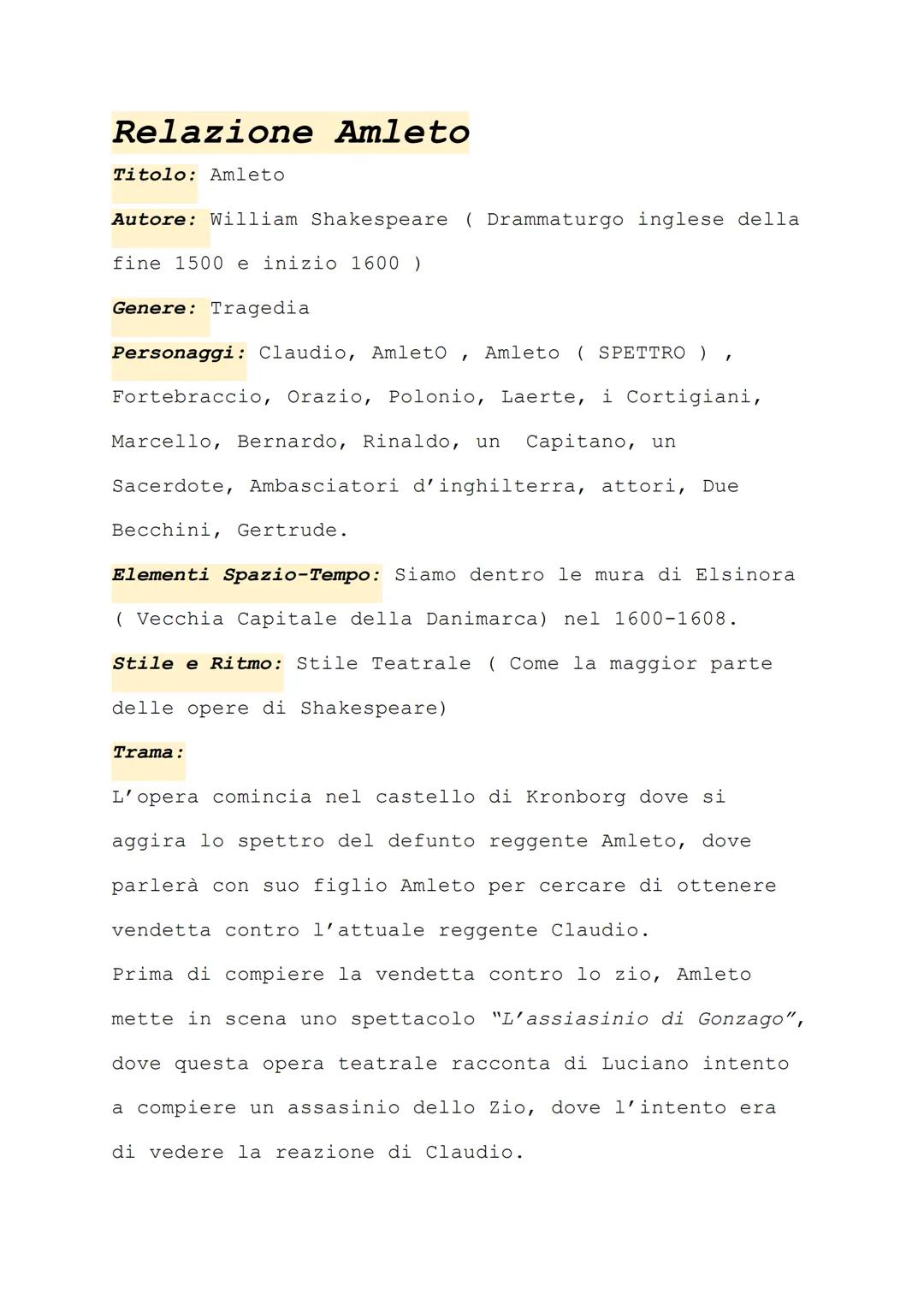 Relazione Amleto
Titolo: Amleto
Autore: William Shakespeare (Drammaturgo inglese della
fine 1500 e inizio 1600 )
Genere: Tragedia
Personaggi