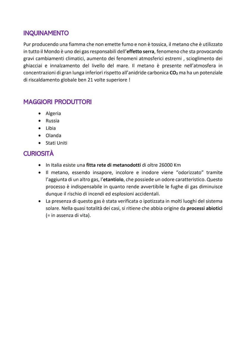 COS'È E COME SI È FORMATO
Il metano è un gas naturale che si può anche sintetizzare in laboratorio. Il metano, la cui
formula chimica è CH3 
