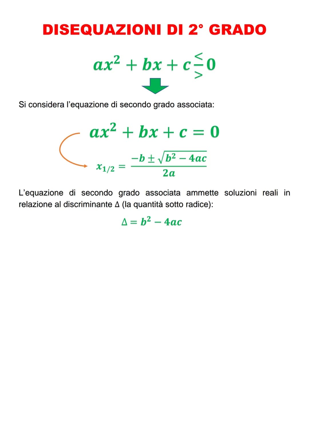 DISEQUAZIONI DI 2° GRADO
ax² + bx+c
+c=0
Si considera l'equazione di secondo grado associata:
ax²+bx+c = 0
-b± √b² - 4ac
2a
X1/2
=
L'equazio