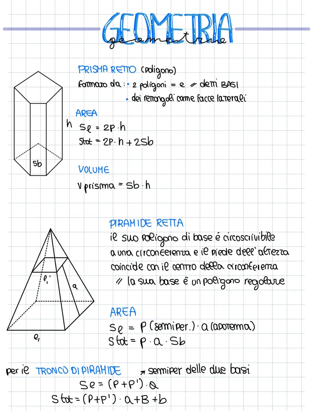 sb
h
GEOMETRIA
PRISMA RETTO (poligono)
formato da 2 poligoni
:.
= e demi BASI
●
dei rettangoli come facce laterali
AREA
Se = 2p.h
Stot2Ph+25