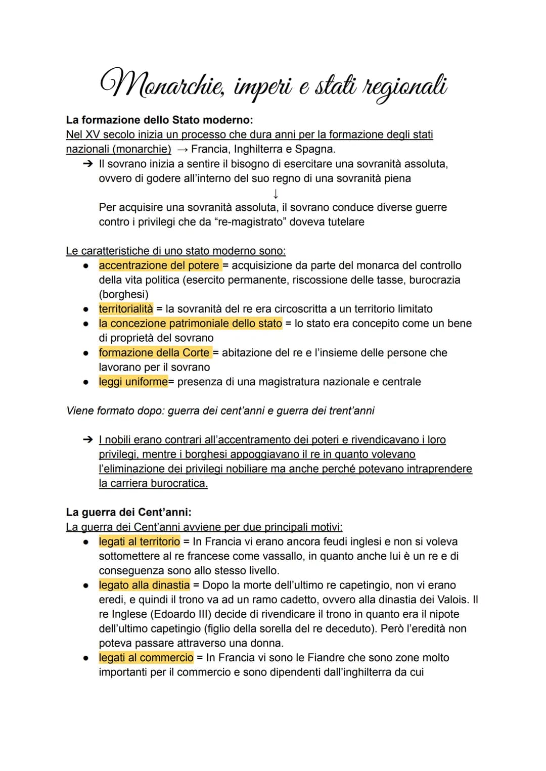 Monarchie, imperi e stati regionali
La formazione dello Stato moderno:
Nel XV secolo inizia un processo che dura anni per la formazione degl