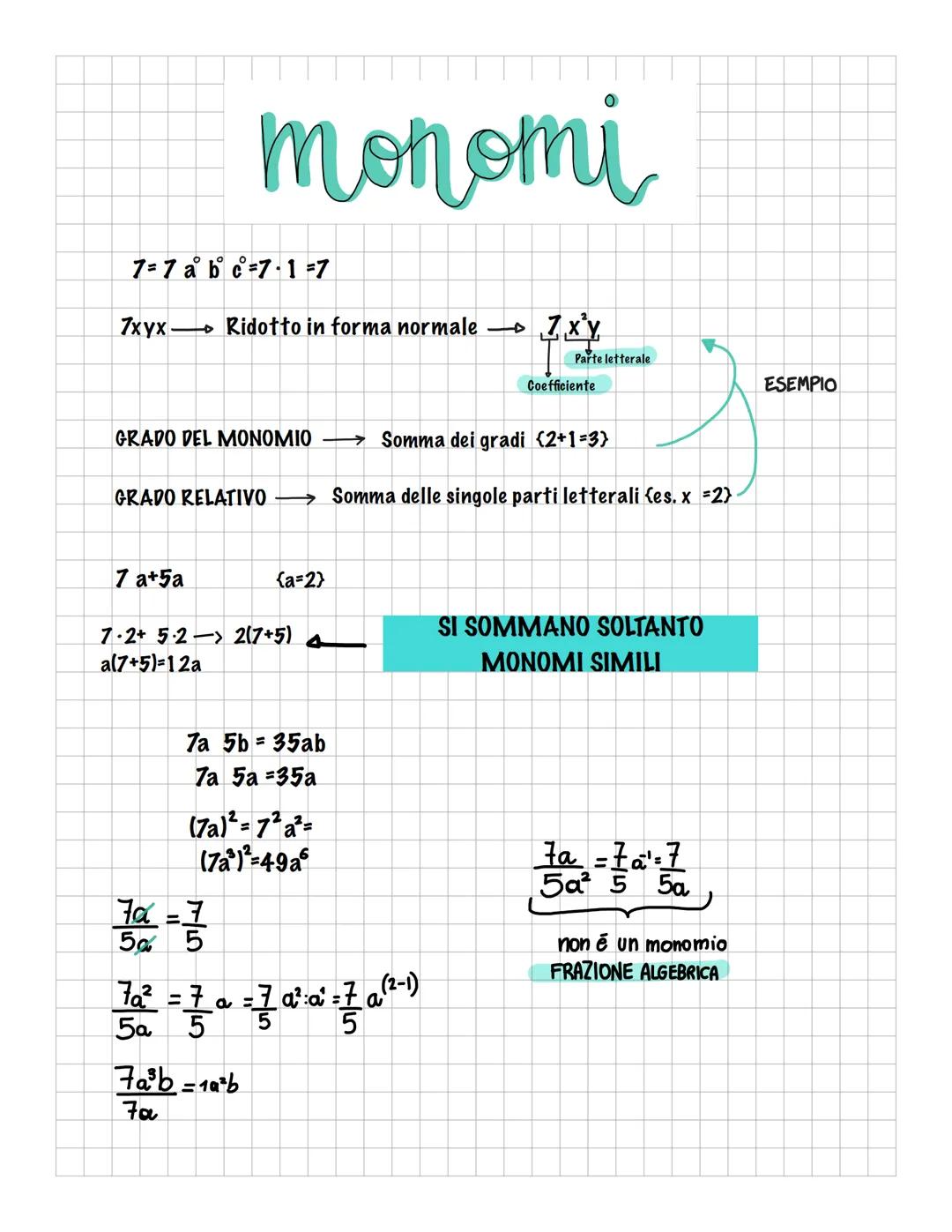 # monomi

7=7 a b c=7·1=7

7xyx → Ridotto in forma normale → $7x^2y$

Parte letterale

Coefficiente

ESEMPIO

GRADO DEL MONOMIO → Somma dei 