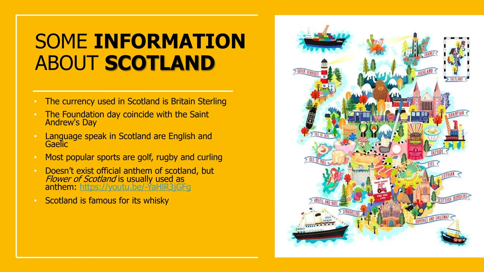 Scotland
English
N
S.
E Geography:
Scotland is situated in the north of Britain. It borders in the south with England, in the north
with the