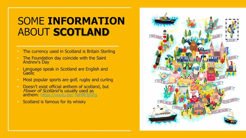Scotland
English
N
S.
E Geography:
Scotland is situated in the north of Britain. It borders in the south with England, in the north
with the
