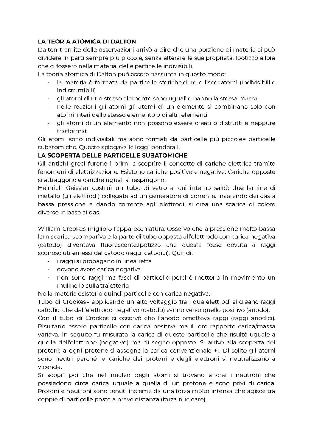 teoria atomica di dalton, particelle subatomiche e struttura atomi