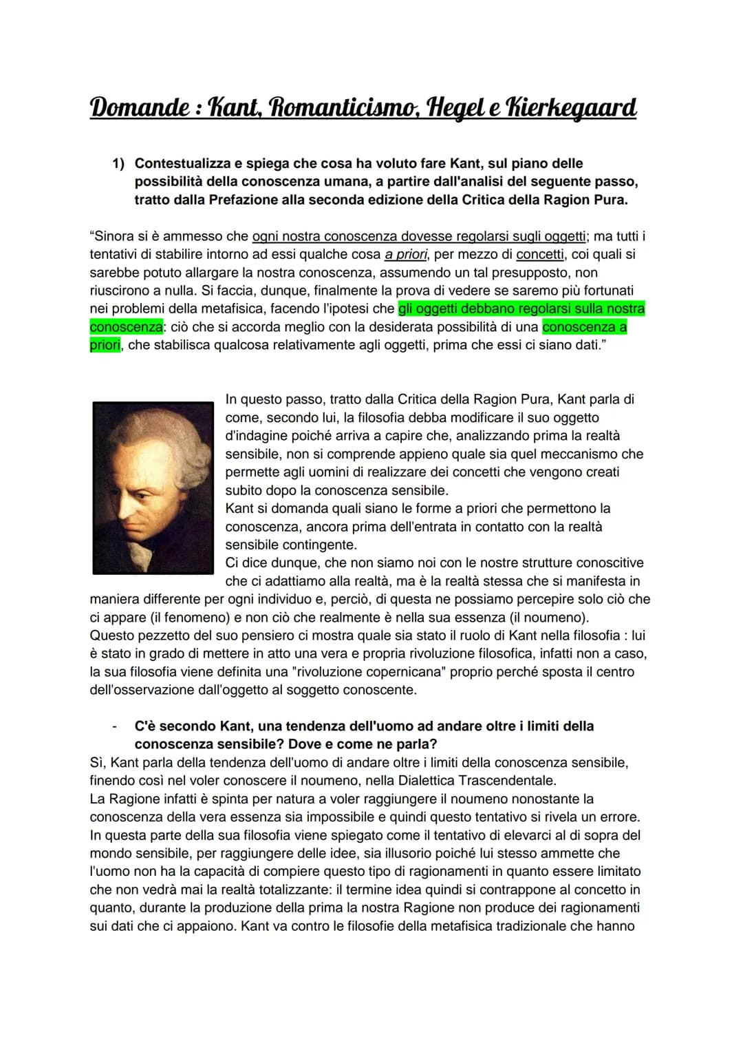 Domande: Kant, Romanticismo, Hegel e Kierkegaard
1) Contestualizza e spiega che cosa ha voluto fare Kant, sul piano delle
possibilità della 