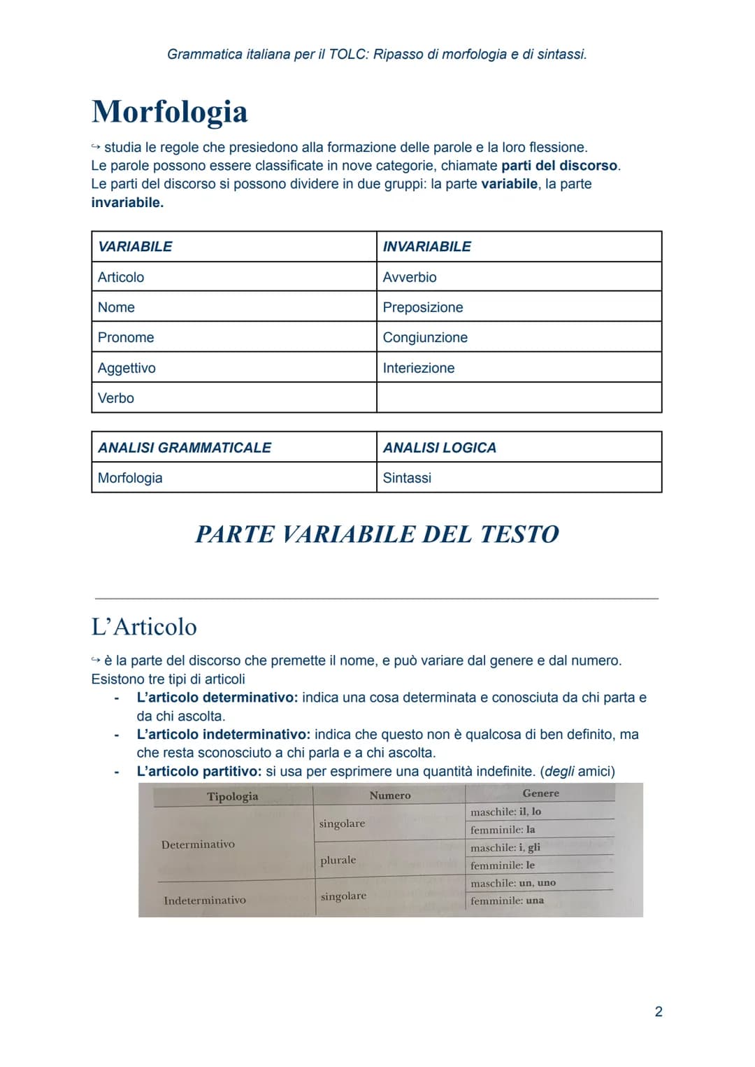 Grammatica italiana
per il TOLC: Ripasso
di morfologia e di
sintassi. Morfologia
→ studia le regole che presiedono alla formazione delle par