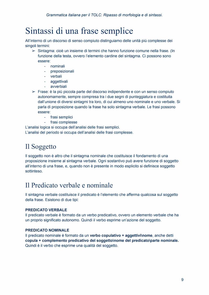 Grammatica italiana
per il TOLC: Ripasso
di morfologia e di
sintassi. Morfologia
→ studia le regole che presiedono alla formazione delle par