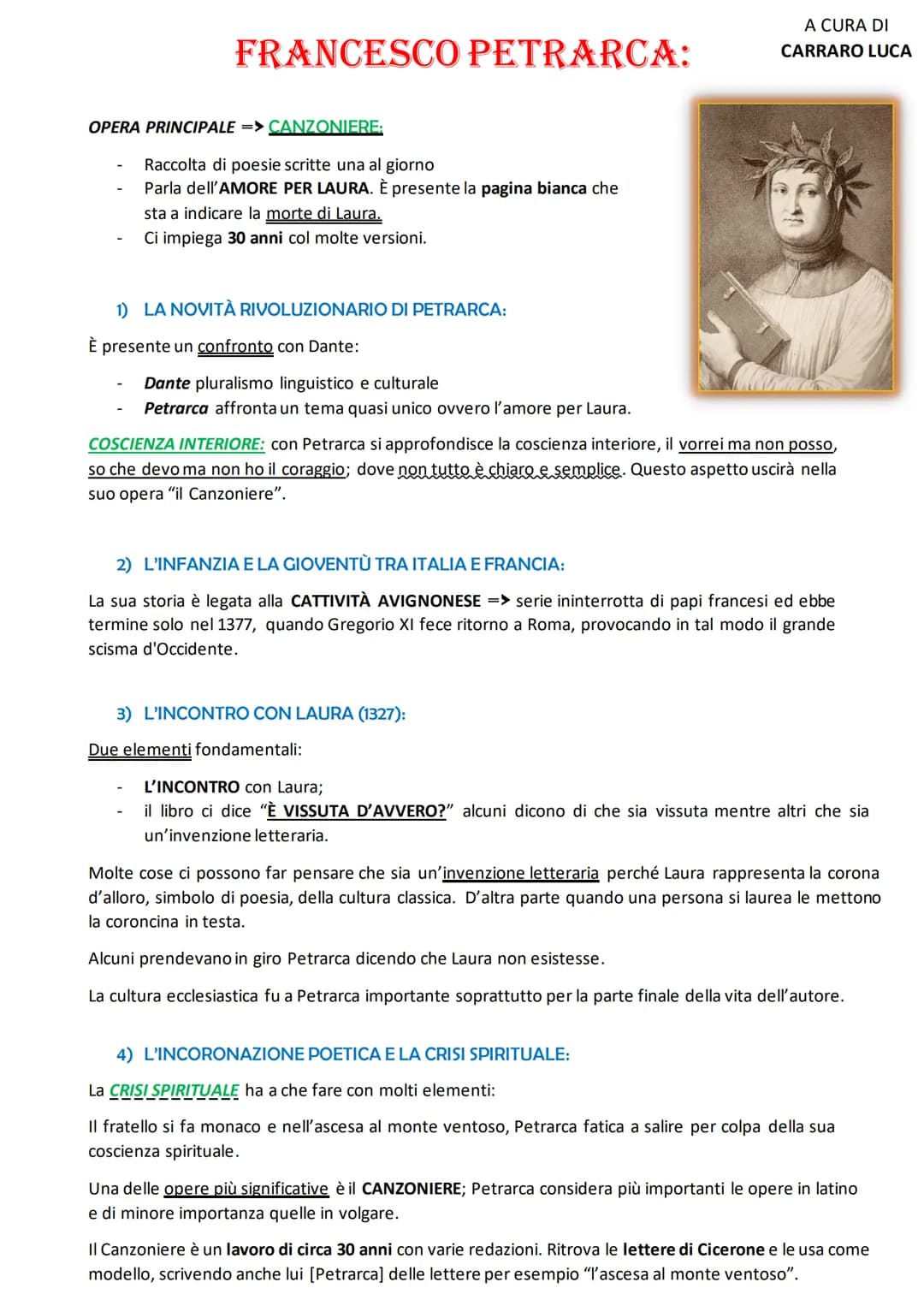 FRANCESCO PETRARCA:
OPERA PRINCIPALE => CANZONIERE:
Raccolta di poesie scritte una al giorno
Parla dell'AMORE PER LAURA. È presente la pagin