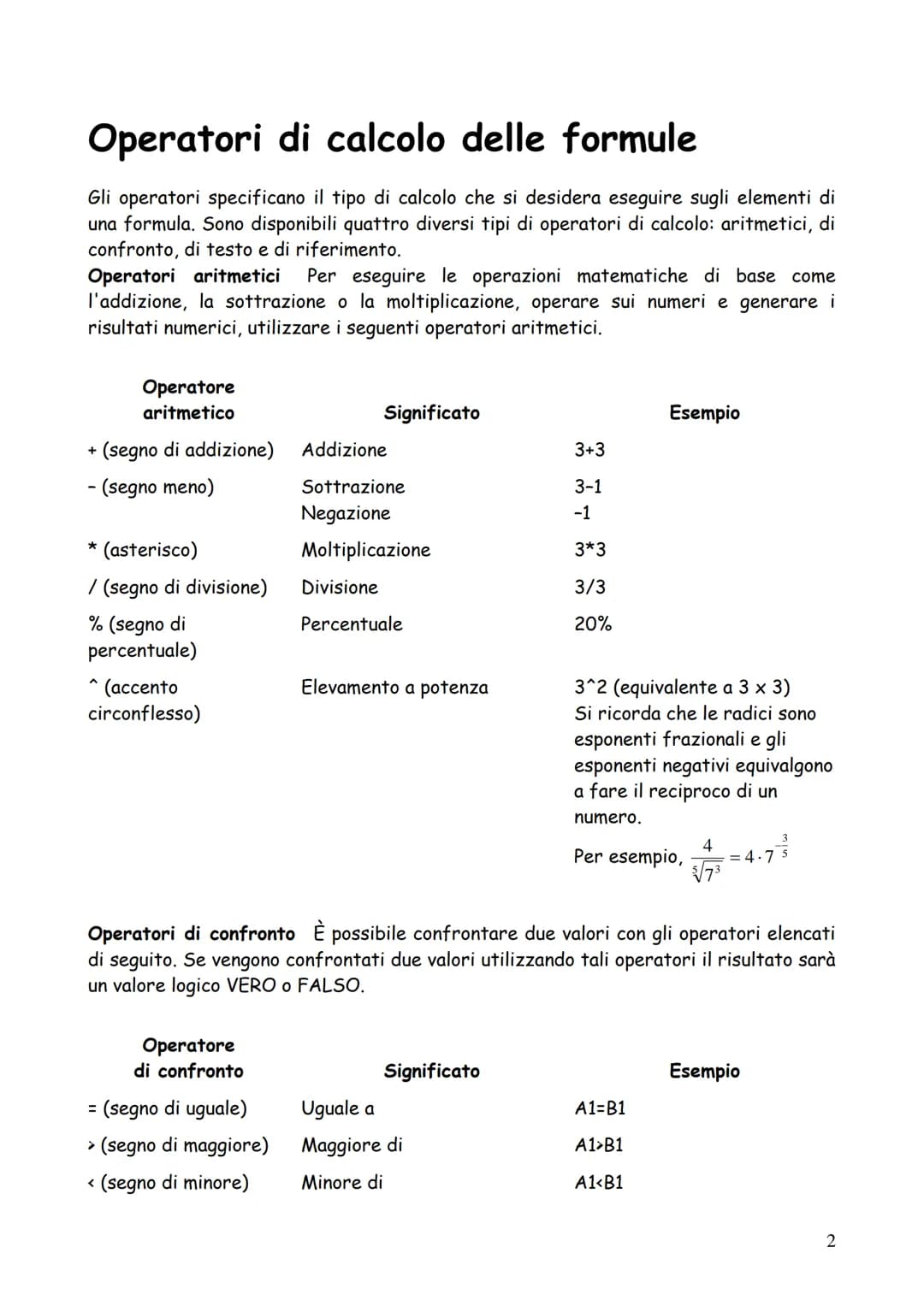 DISPENSE (minime) DI EXCEL
1 Operatori di calcolo delle formule
Gli operatori specificano il tipo di calcolo che si desidera eseguire sugli 