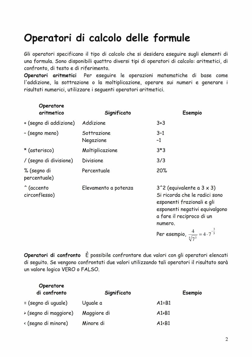 DISPENSE (minime) DI EXCEL
1 Operatori di calcolo delle formule
Gli operatori specificano il tipo di calcolo che si desidera eseguire sugli 