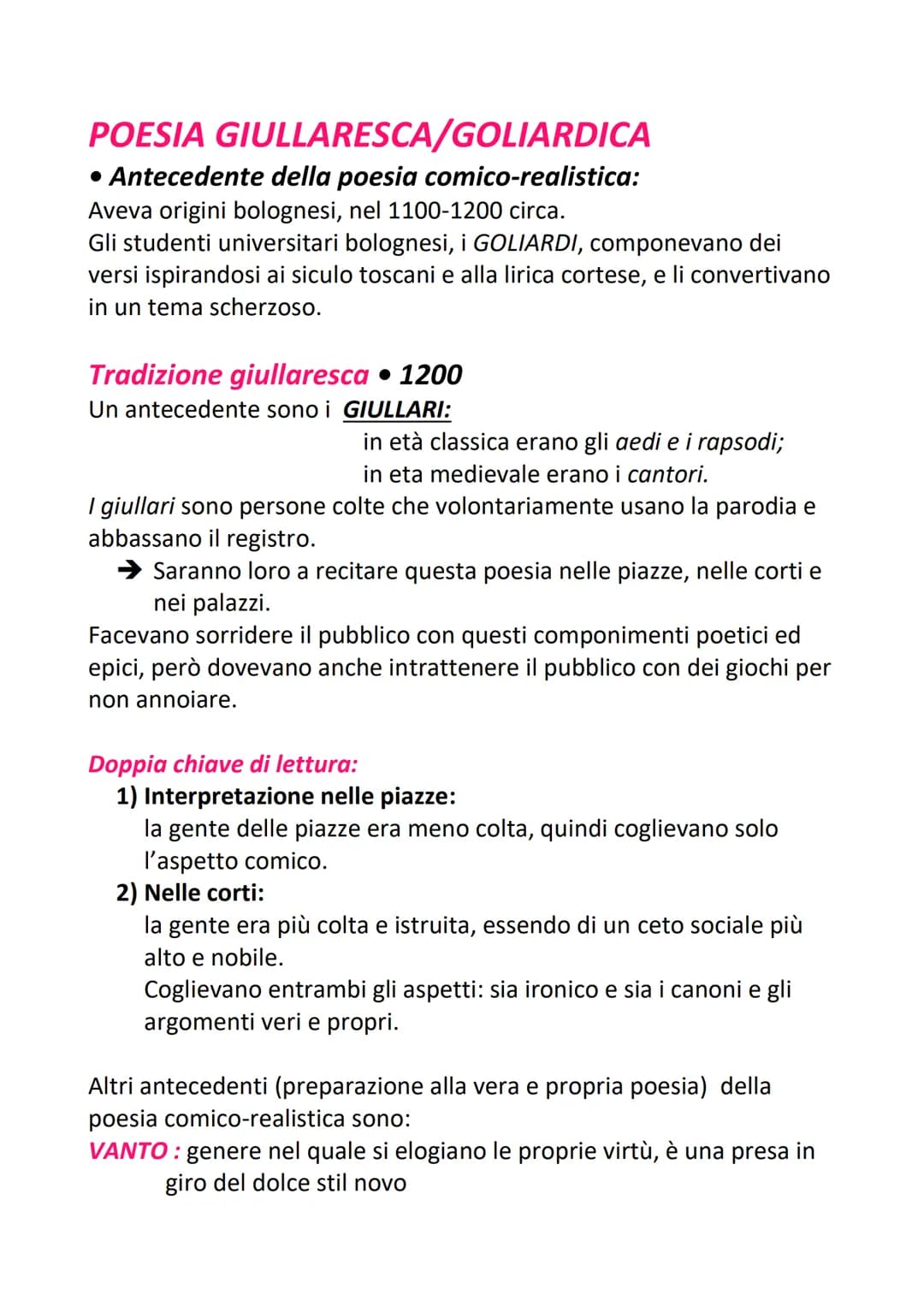 POESIA
GIULLARESCA/GOLIARDICA
• Antecedente della poesia comico-realistica:
Aveva origini bolognesi, nel 1100-1200 circa.
Gli studenti unive