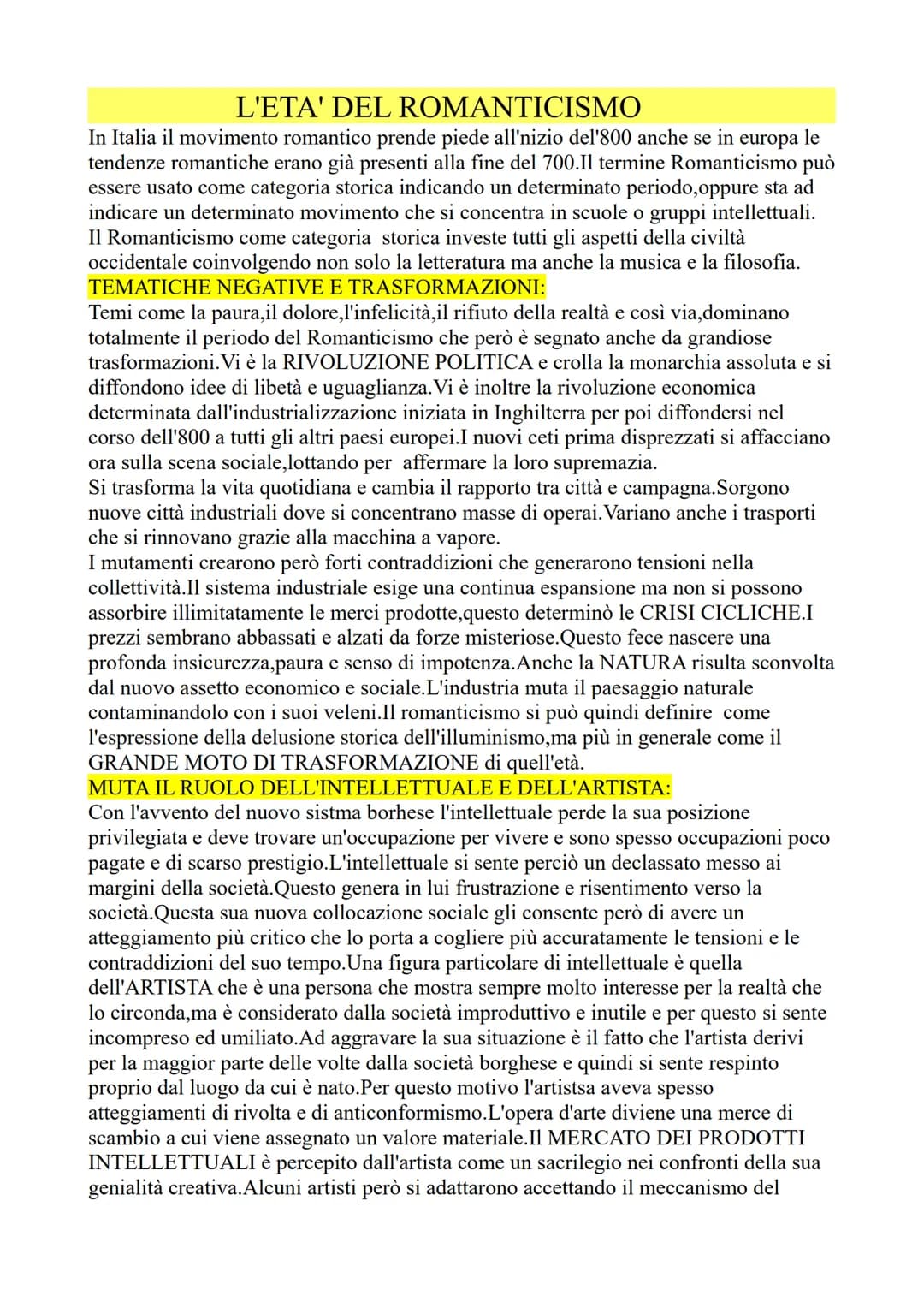 L'ETA' DEL ROMANTICISMO
In Italia il movimento romantico prende piede all'nizio del'800 anche se in europa le
tendenze romantiche erano già 