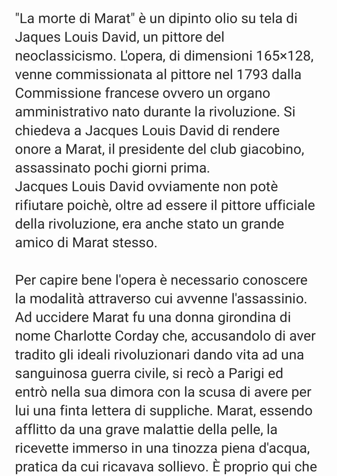 "La morte di Marat" è un dipinto olio su tela di
Jaques Louis David, un pittore del
neoclassicismo. L'opera, di dimensioni 165x128,
venne co