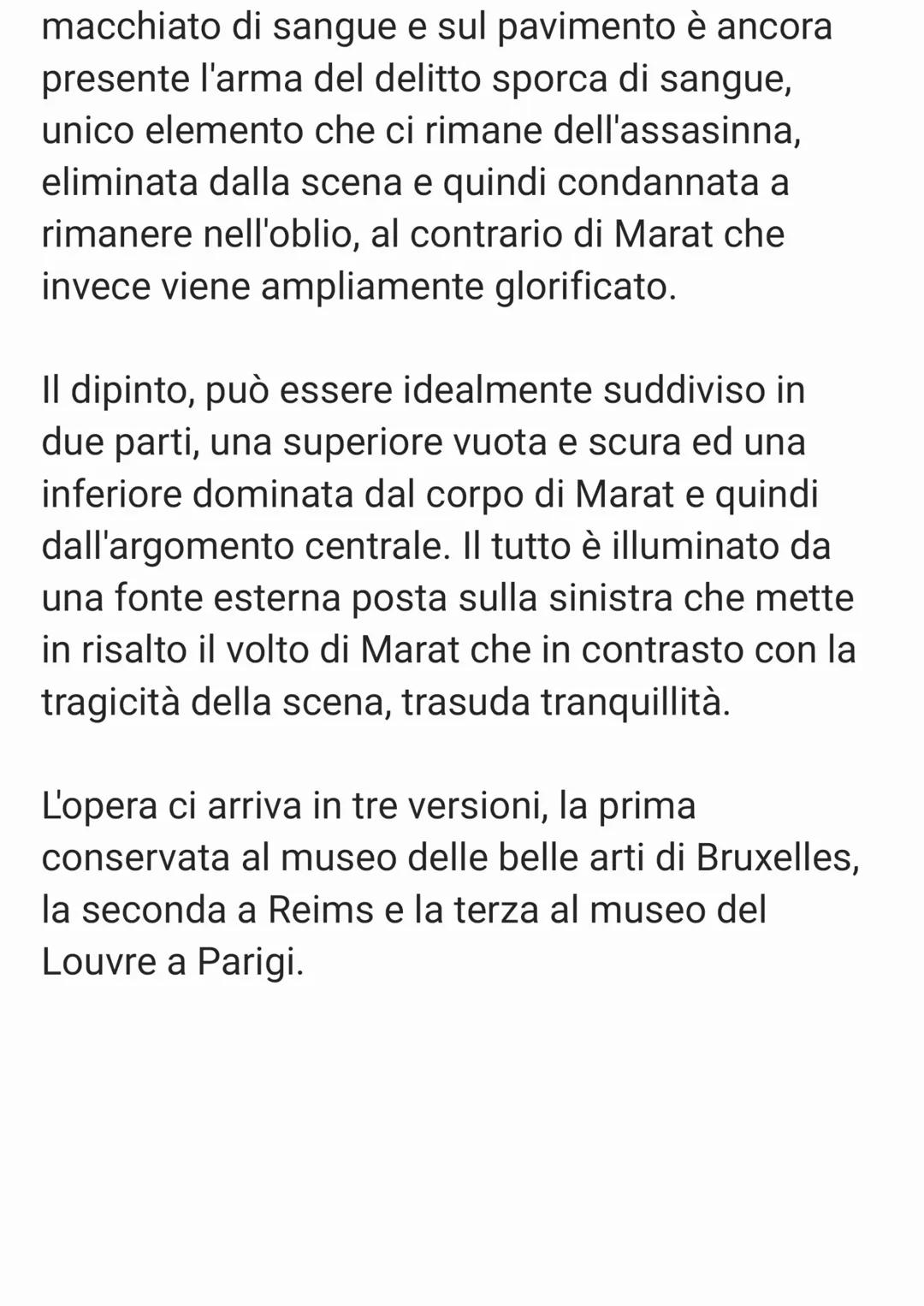 "La morte di Marat" è un dipinto olio su tela di
Jaques Louis David, un pittore del
neoclassicismo. L'opera, di dimensioni 165x128,
venne co