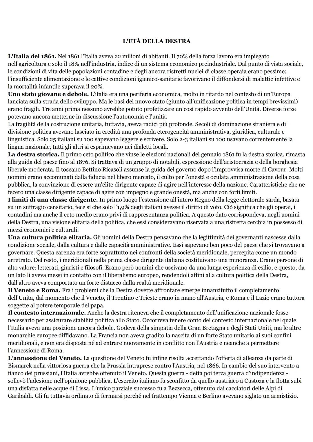 L'ETÀ DELLA DESTRA
L'Italia del 1861. Nel 1861 l'Italia aveva 22 milioni di abitanti. Il 70% della forza lavoro era impiegato
nell'agricoltu