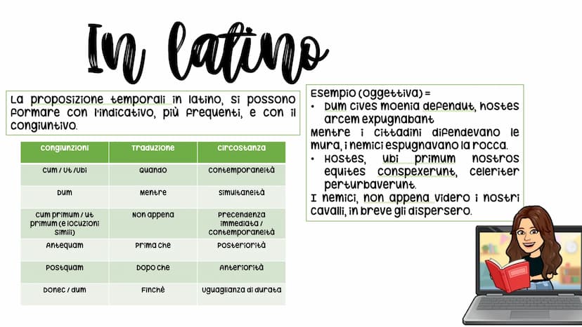 v
La
proposizione
temporale
(In italiano, latino e greco) In italiano
La proposizione temporale è una subordinata che
esprime le circostanze